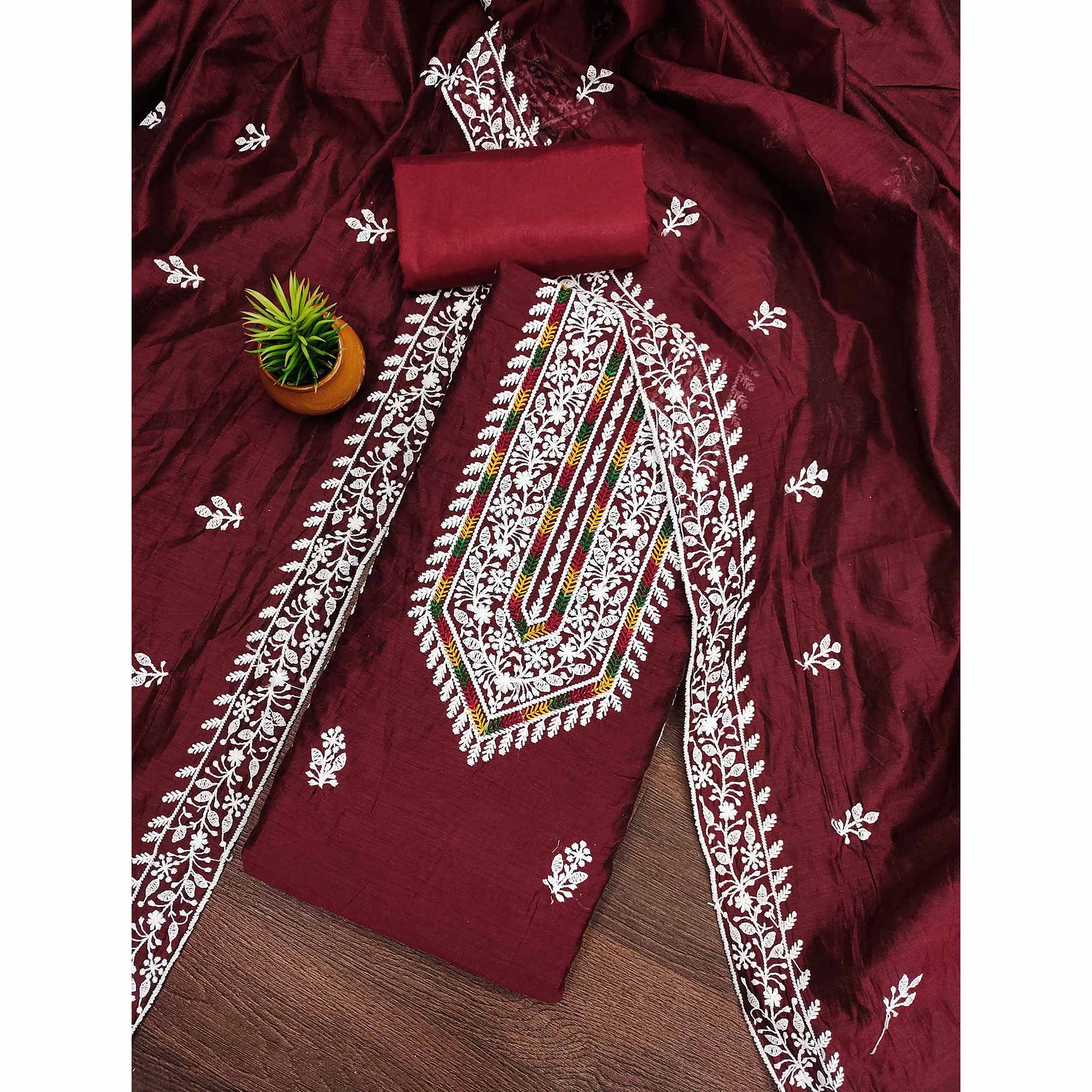 Maroon Floral Embroidered Modal Chanderi Silk Dress Material