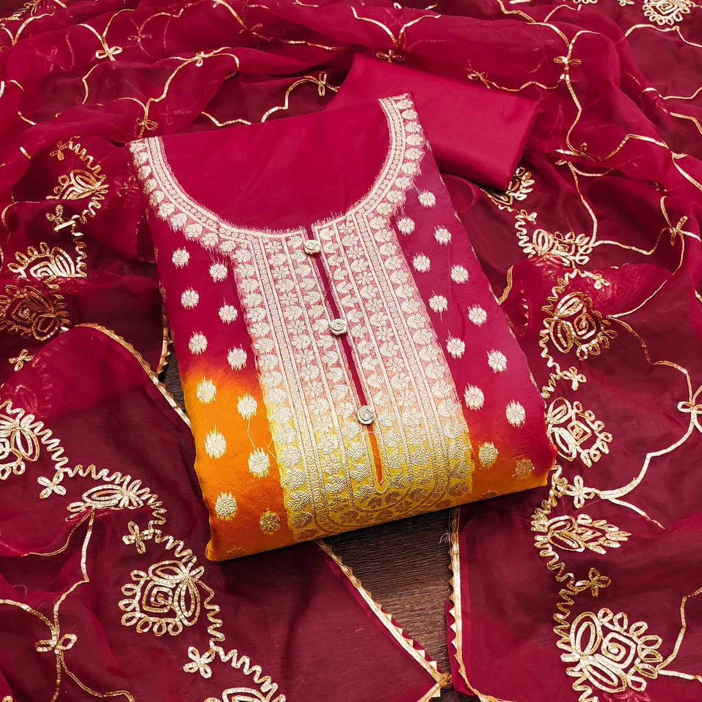 Cherry Red Floral Woven Organza Jacquard Dress Material