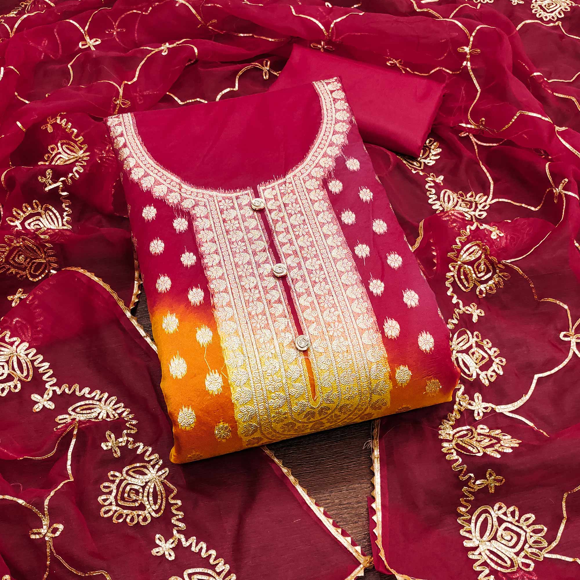 Cherry Red Floral Woven Organza Jacquard Dress Material