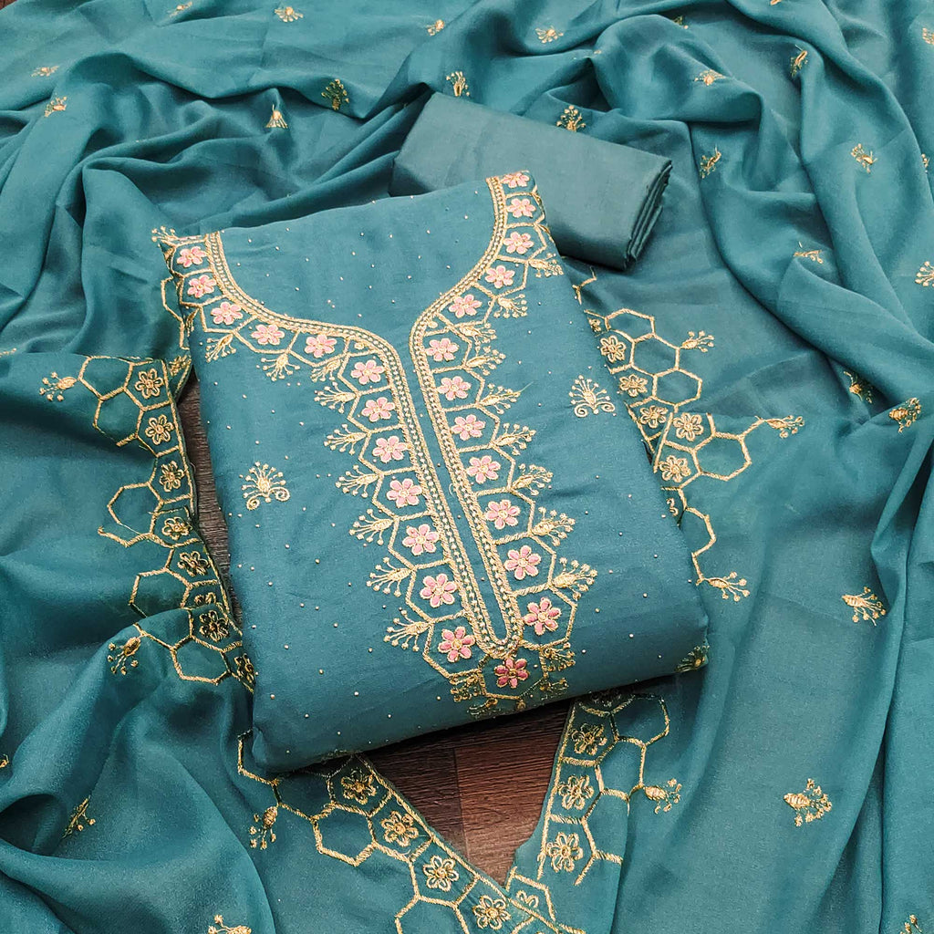 Blue Floral Embroidered Georgette Dress Material