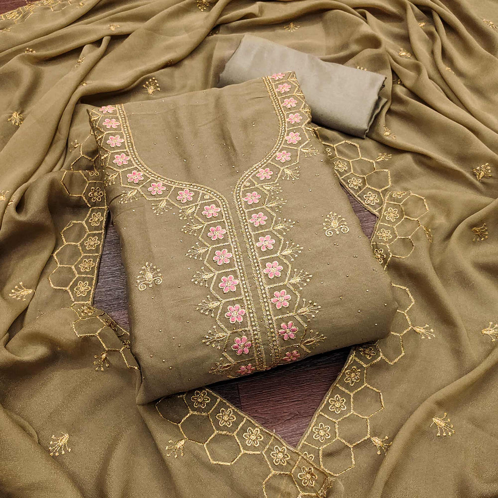 Chikoo Floral Embroidered Georgette Dress Material