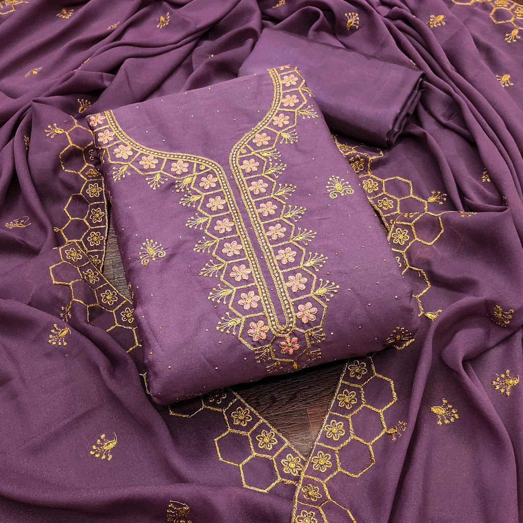 Lavender Floral Embroidered Georgette Dress Material