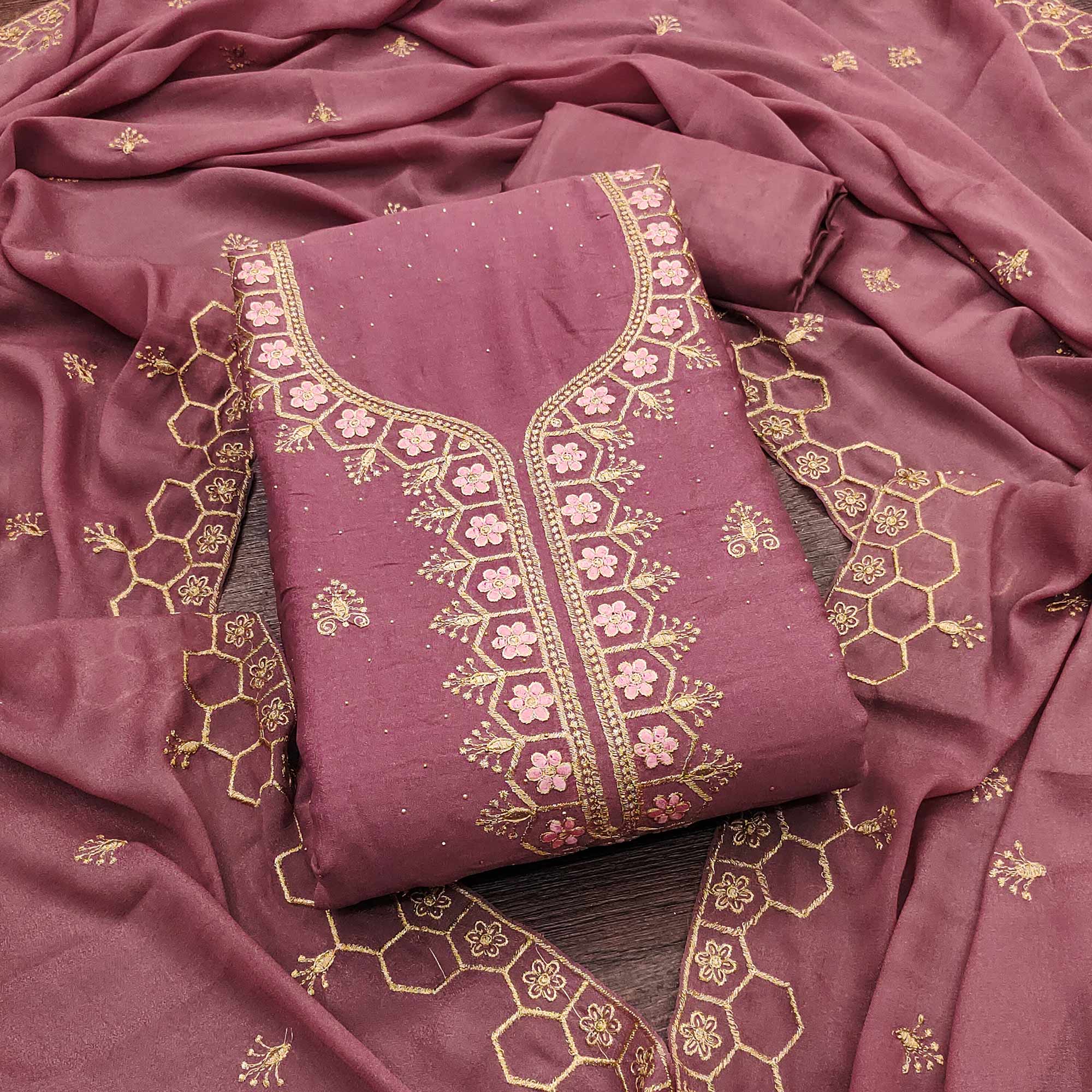 Mauve Floral Embroidered Georgette Dress Material