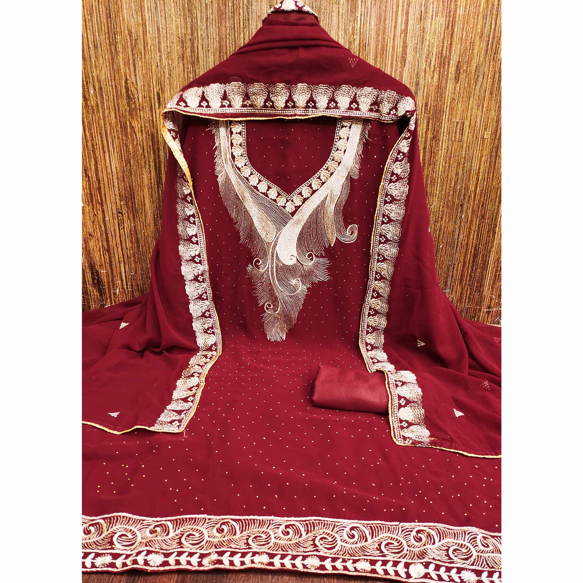 Maroon Embroidered With Swarovski Work Georgette Dress Material