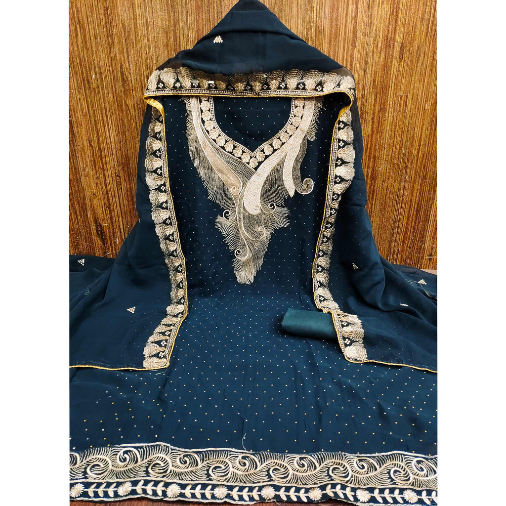 Morpich Blue Embroidered With Swarovski Work Georgette Dress Material