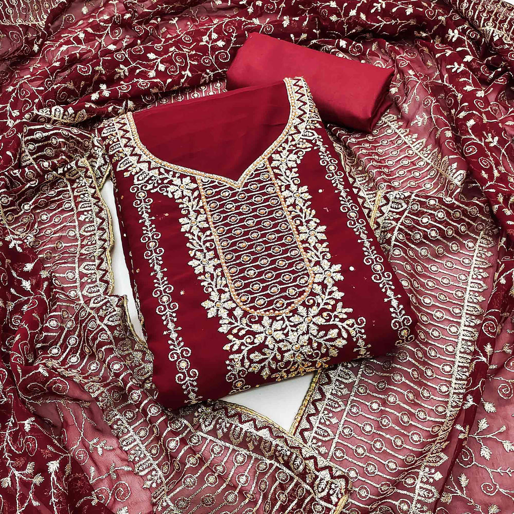 Maroon Floral Embroidered Georgette Dress Material