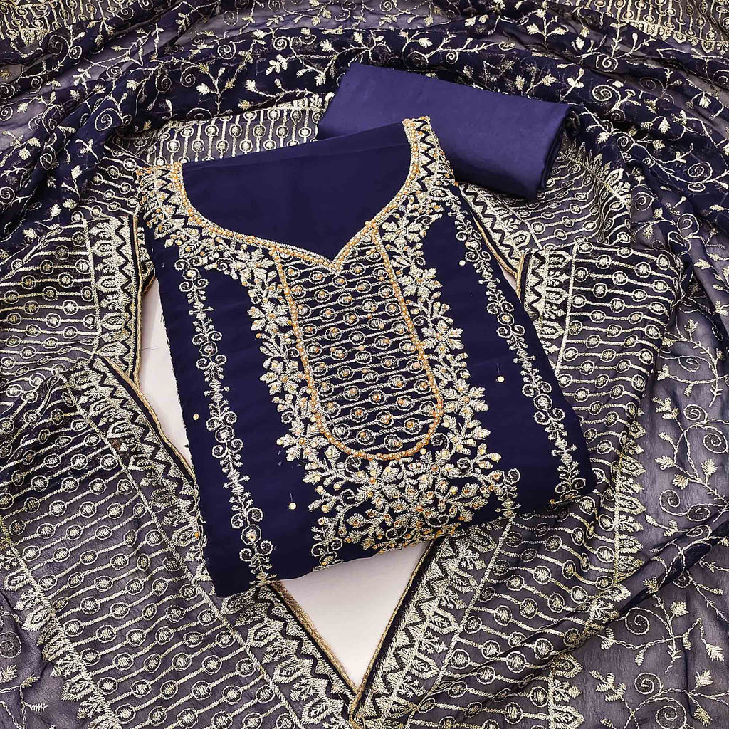 Navy Blue Floral Embroidered Georgette Dress Material
