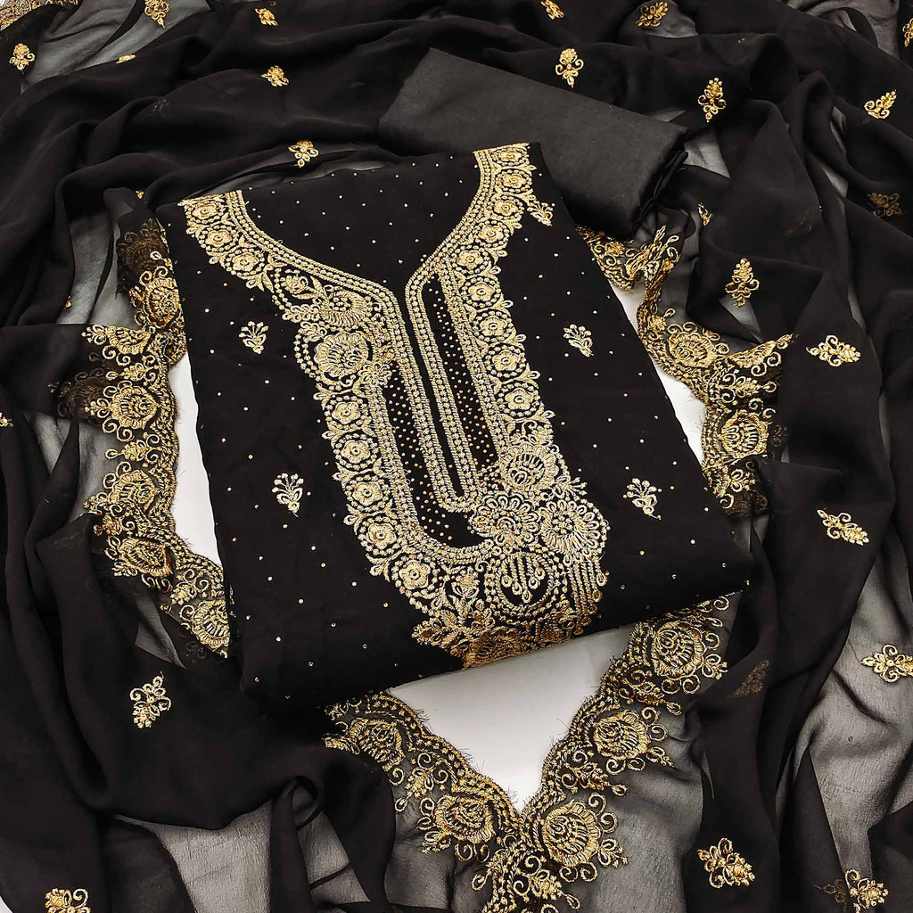 Black Embroidered With Swarovski Work Georgette Dress Material