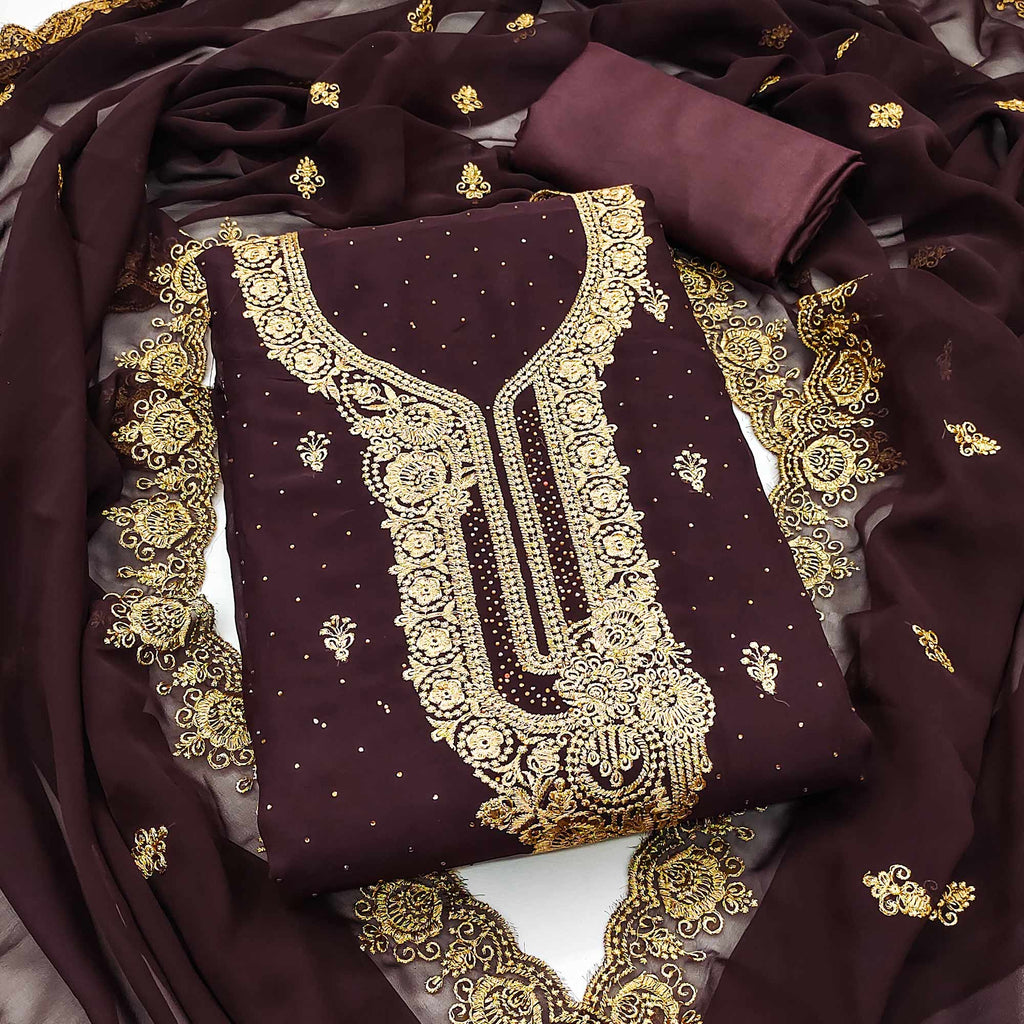 Brown Embroidered With Swarovski Work Georgette Dress Material