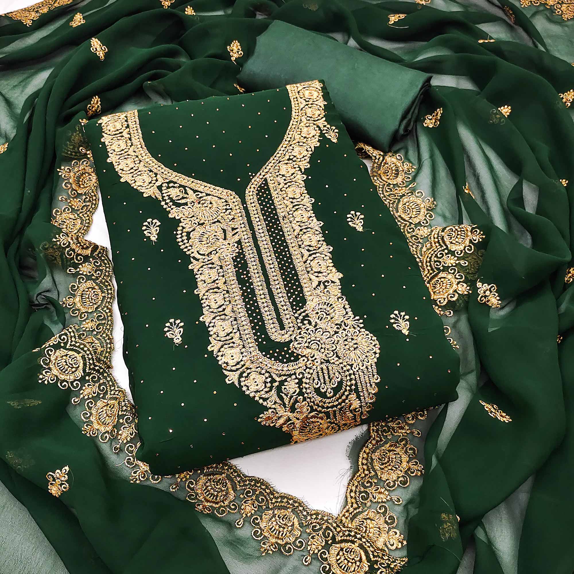 Green Embroidered With Swarovski Work Georgette Dress Material