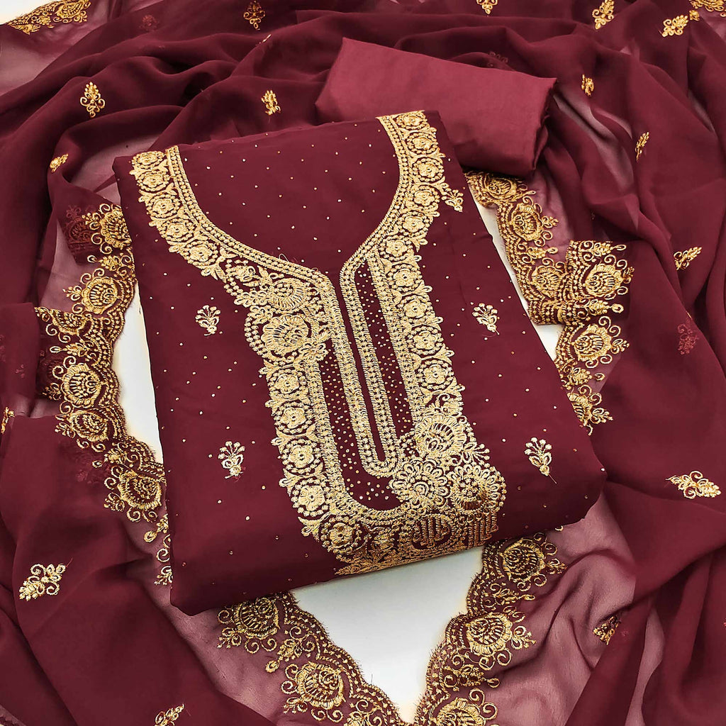 Maroon Embroidered With Swarovski Work Georgette Dress Material