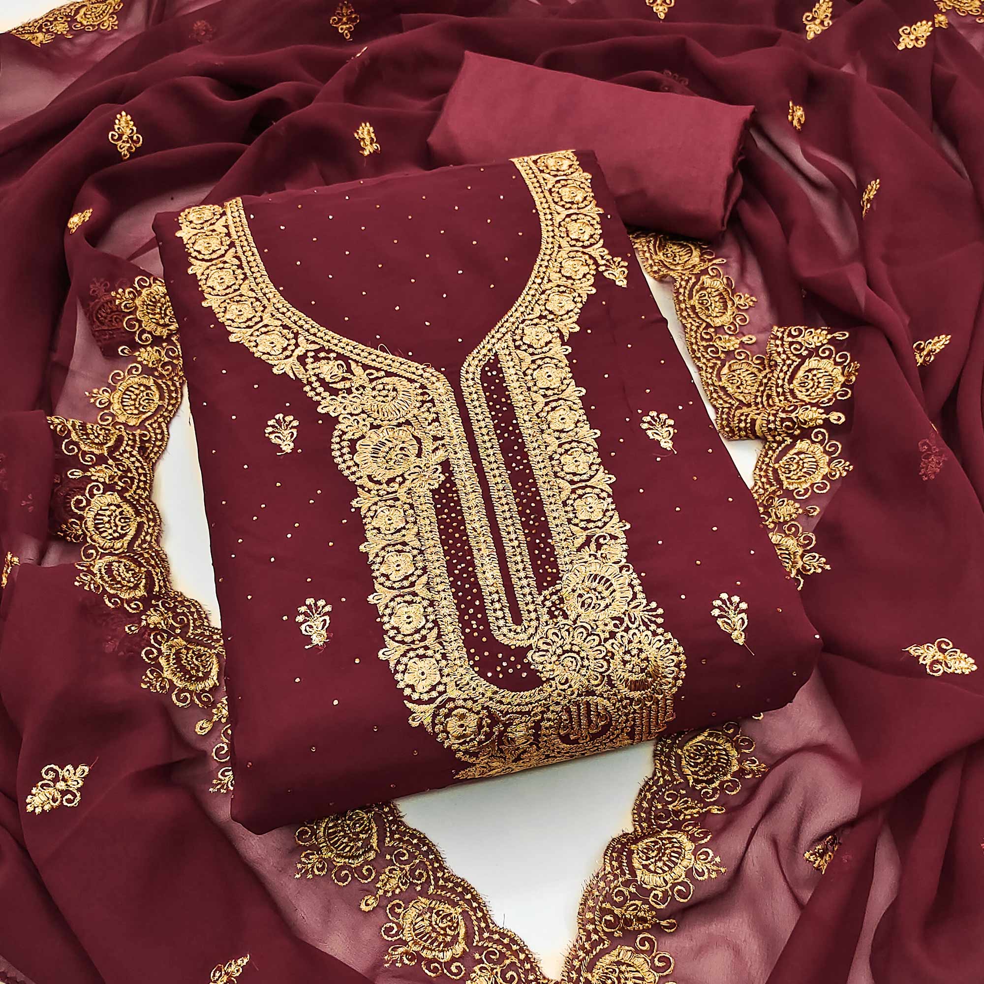 Maroon Embroidered With Swarovski Work Georgette Dress Material