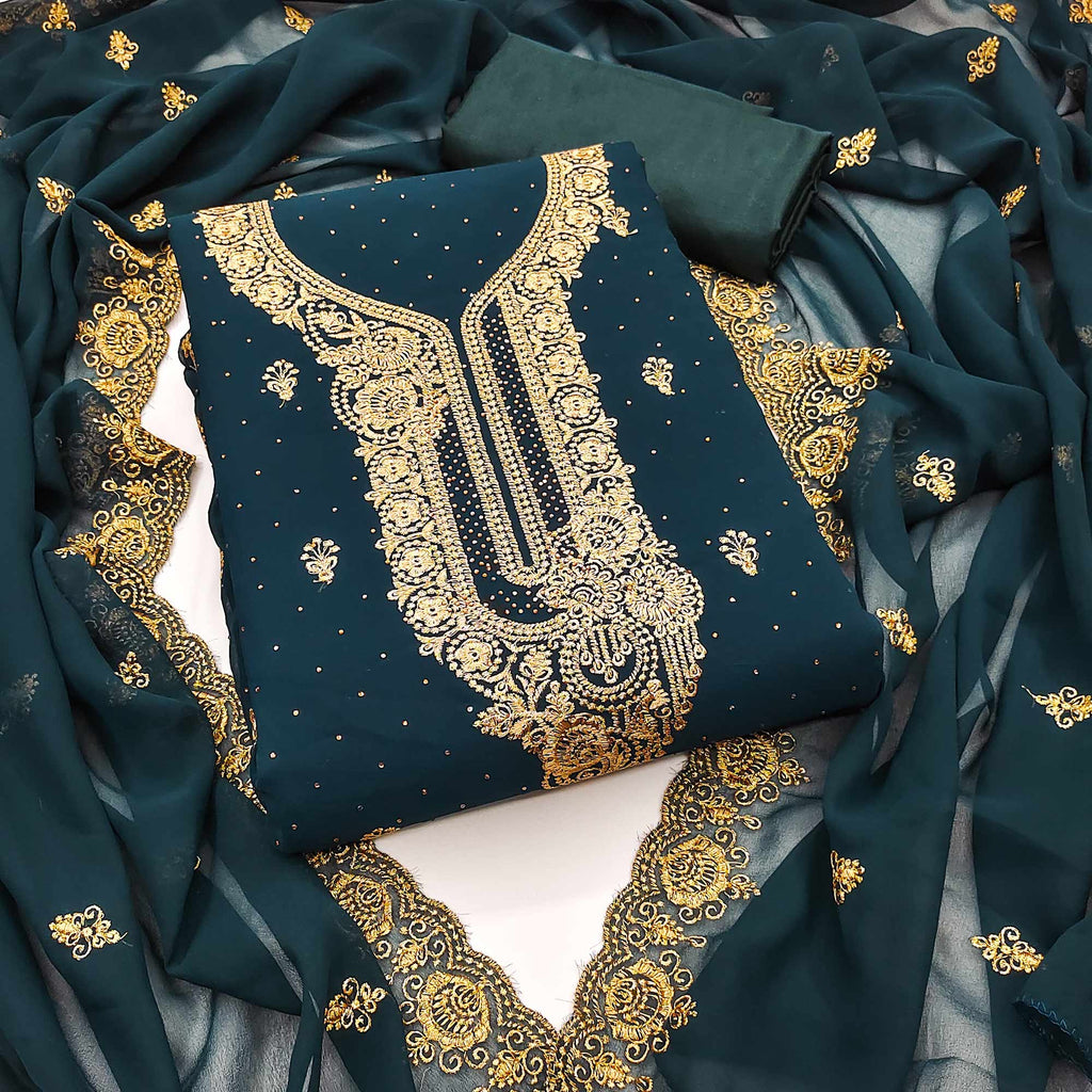 Morpich Blue Embroidered With Swarovski Work Georgette Dress Material