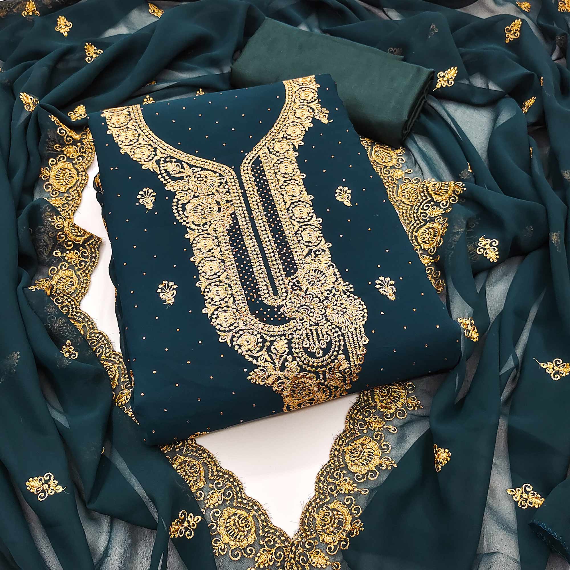 Morpich Blue Embroidered With Swarovski Work Georgette Dress Material