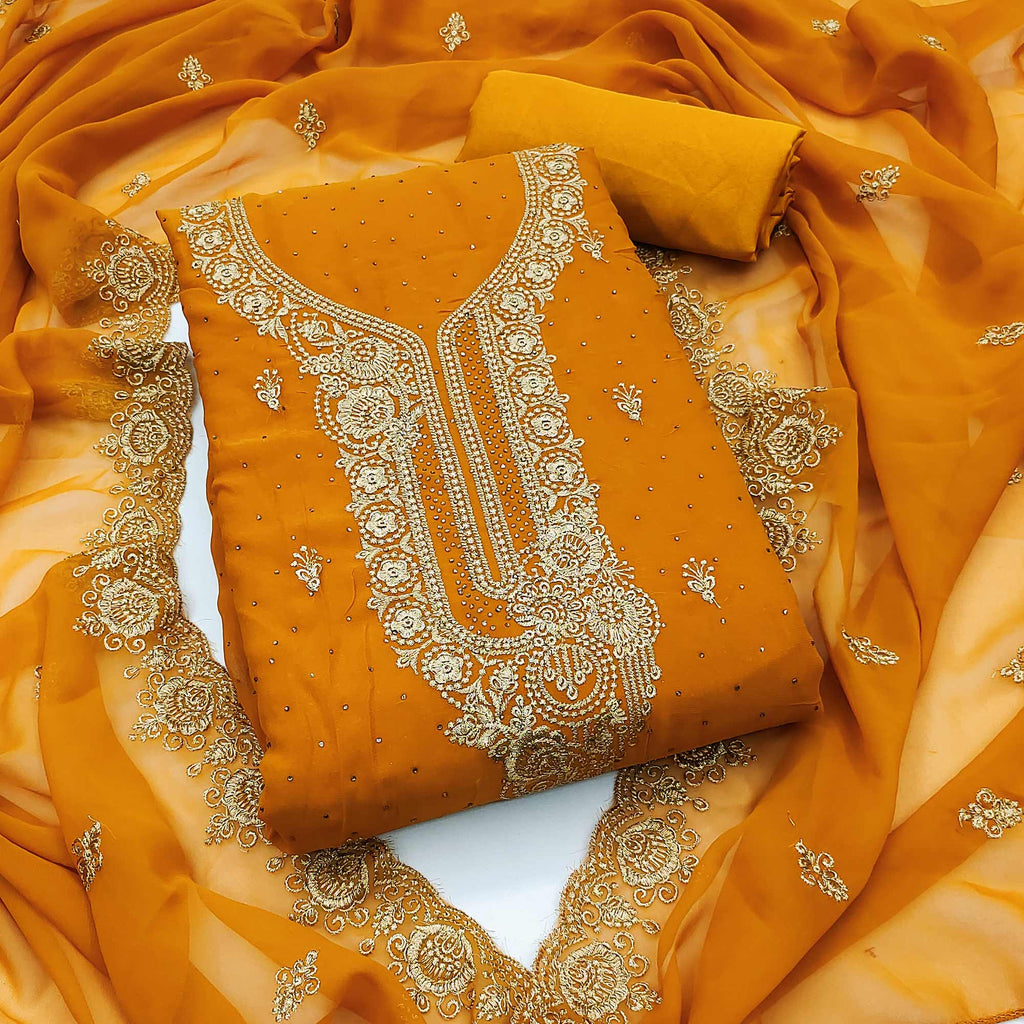 Mustard Embroidered With Swarovski Work Georgette Dress Material