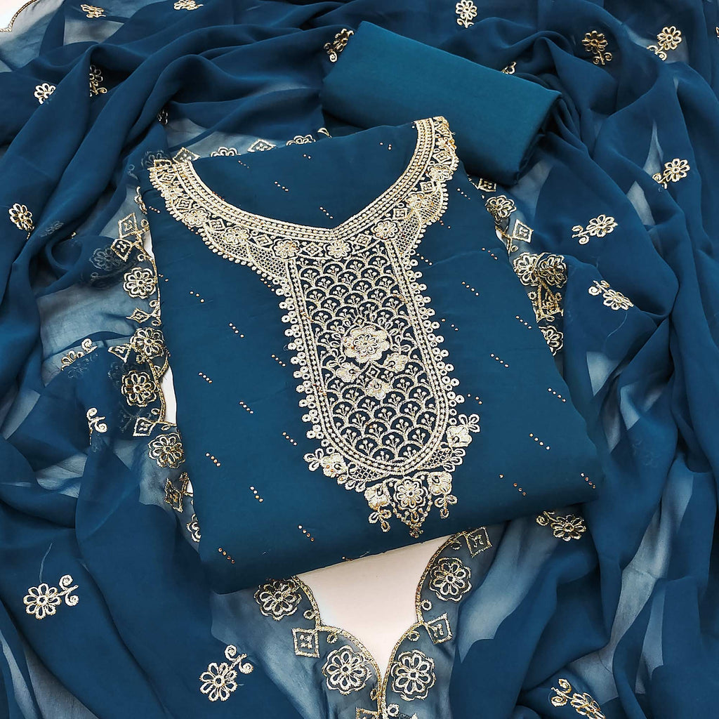 Blue Floral Embroidered With Swarovski Work Georgette Dress Material