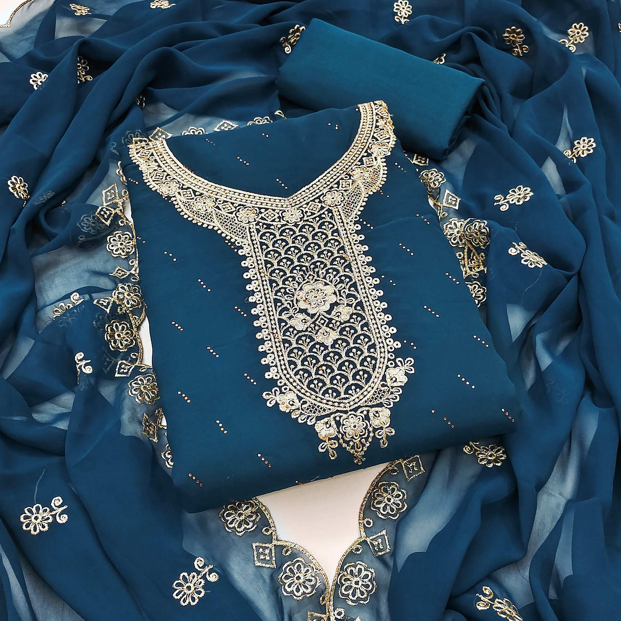 Blue Floral Embroidered With Swarovski Work Georgette Dress Material