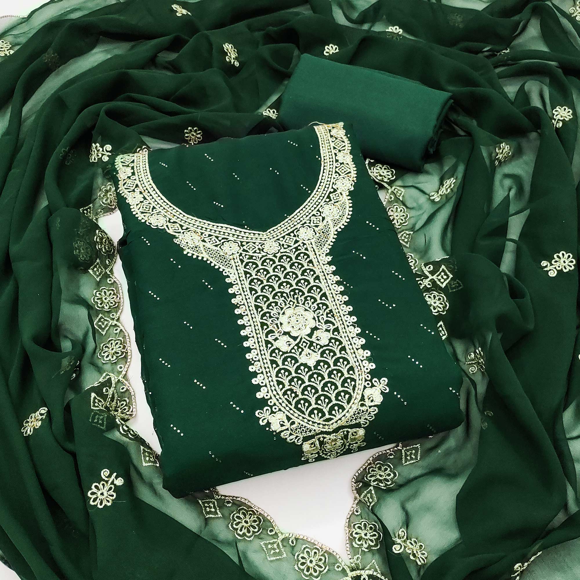 Green Floral Embroidered With Swarovski Work Georgette Dress Material