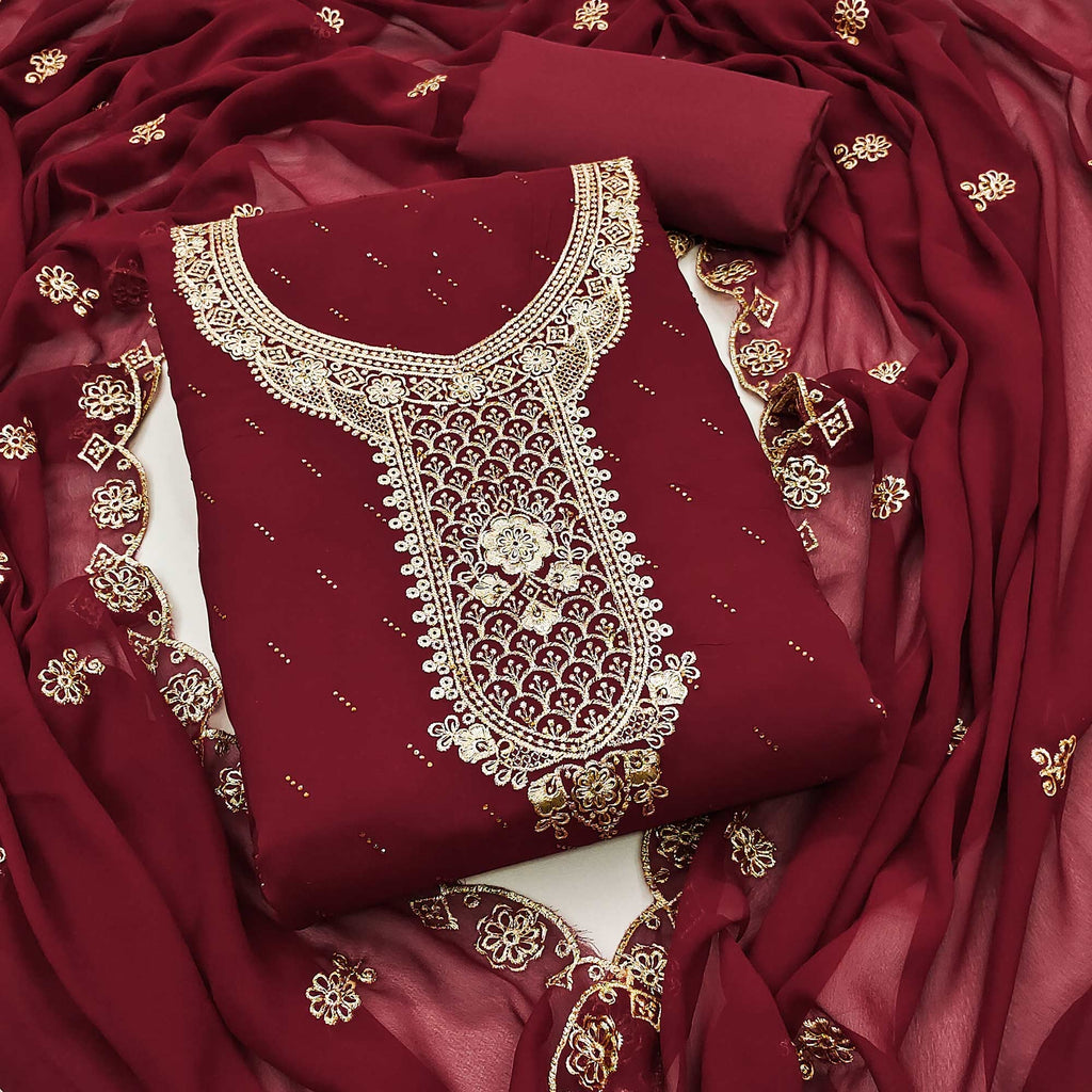 Maroon Floral Embroidered With Swarovski Work Georgette Dress Material