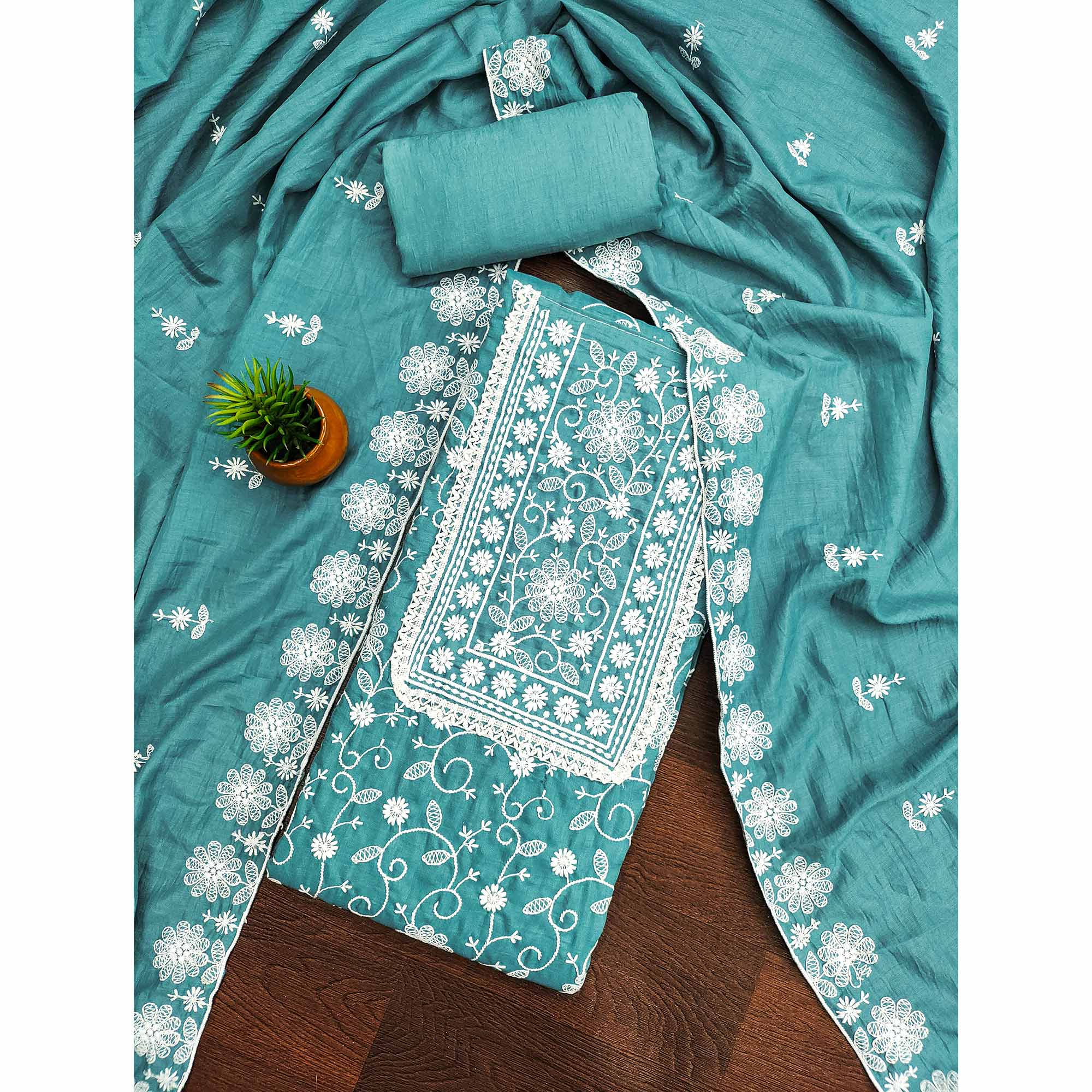 Blue Floral Embroidered Art Silk Dress Material