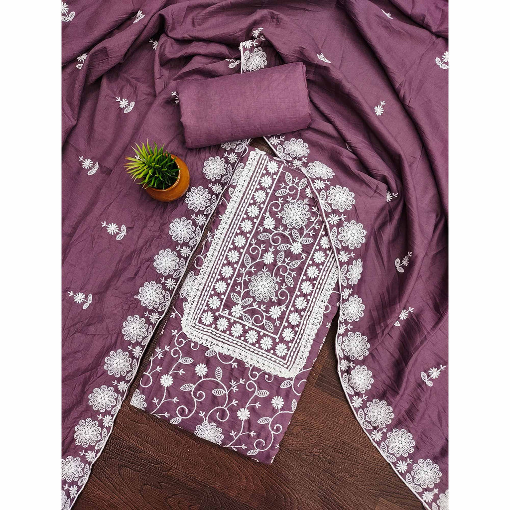 Dark Mauve Floral Embroidered Art Silk Dress Material