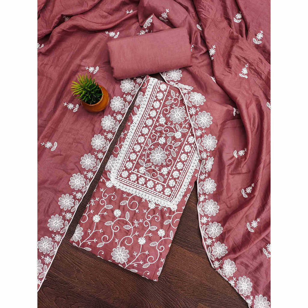 Dusty Rose Pink Floral Embroidered Art Silk Dress Material
