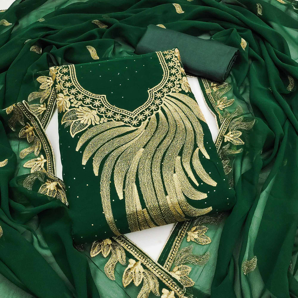 Drape Yourself In Luxury Green Floral Embroidery With Stone Work Georgette Dress Material