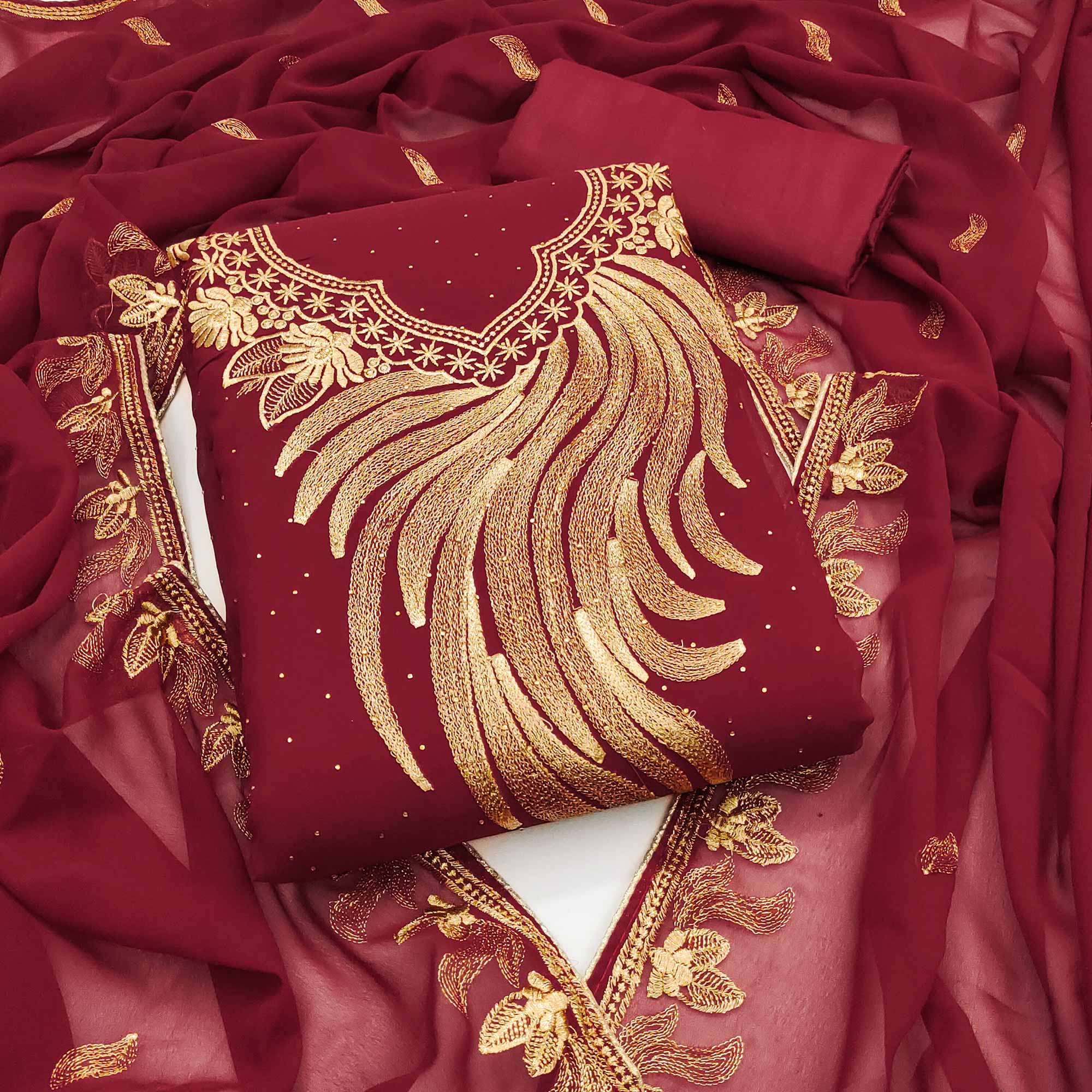 An Ethereal Charm Maroon Floral Embroidery With Stone Work Georgette Dress Material