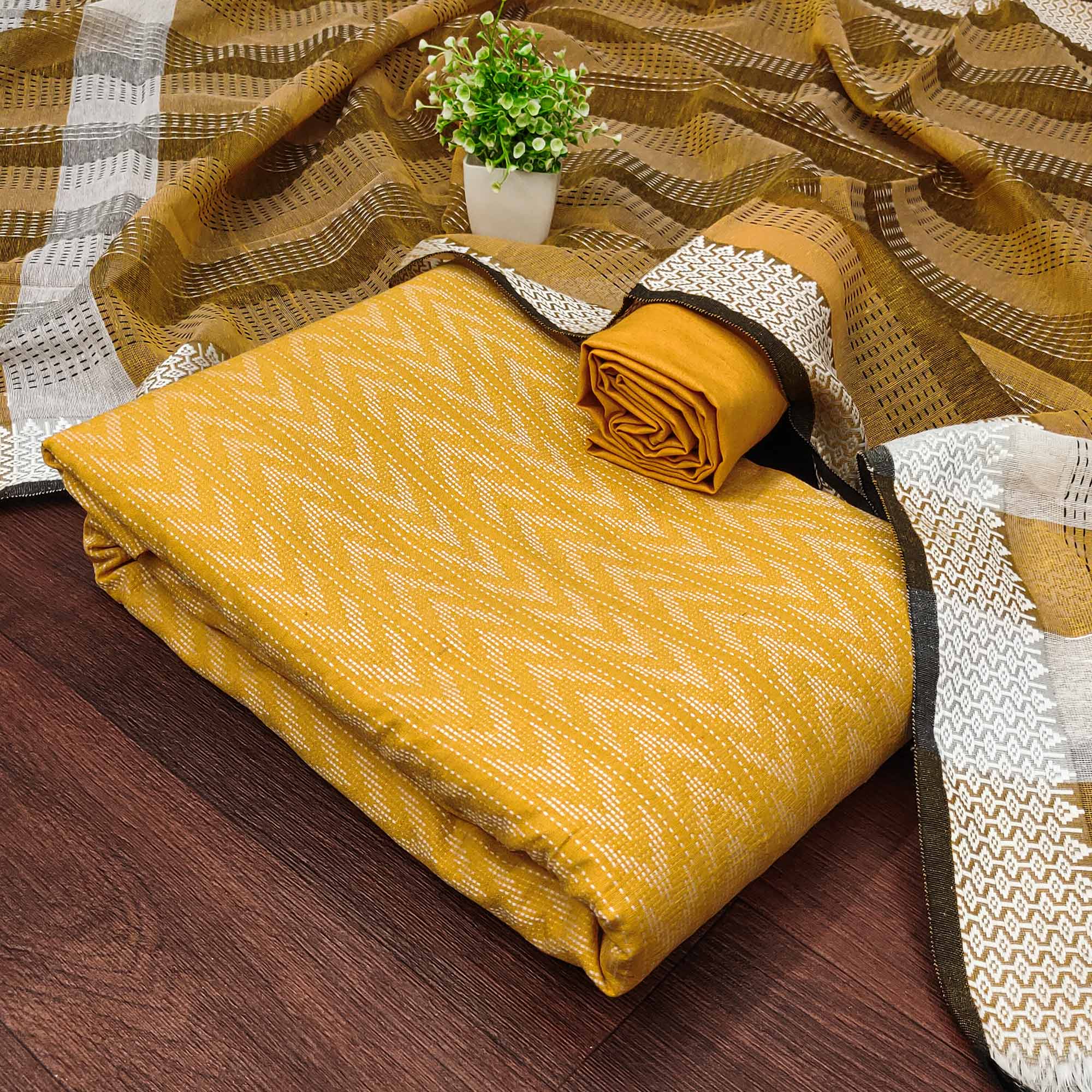Make a Statement With Mustard Chevron Woven Pattern Cotton Blend Dress Material