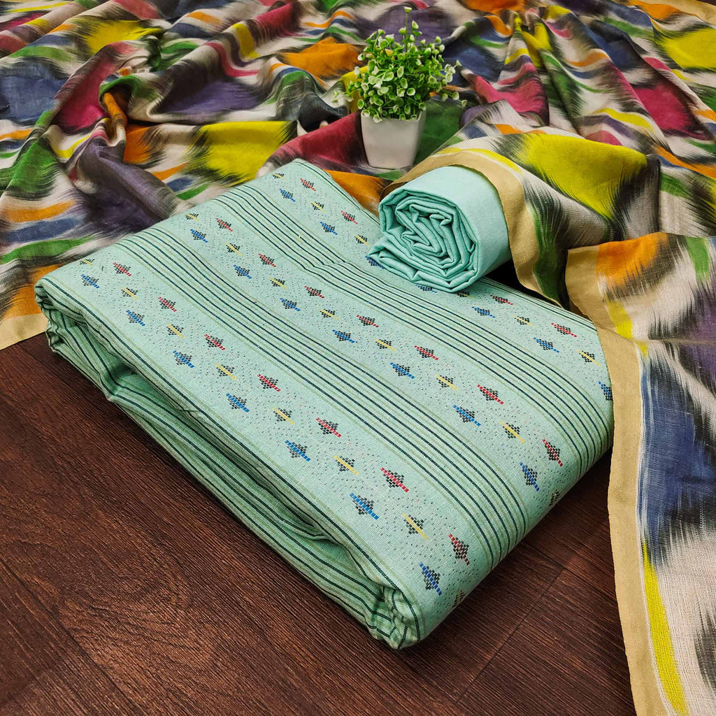 Make a Statement With Turquoise Woven Cotton Blend Dress Material