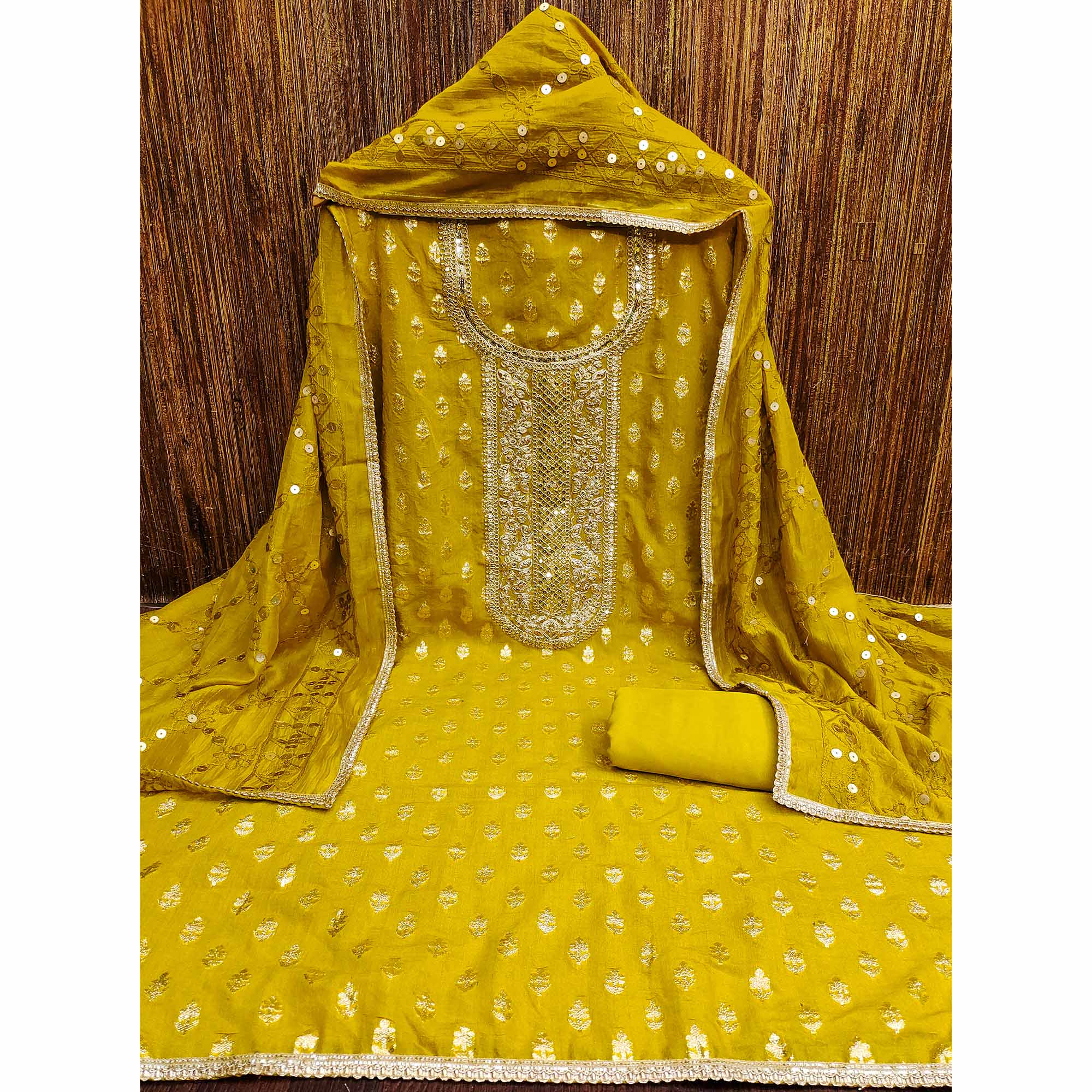 A Timeless Beauty Light Mustard Floral Cording Zari Embroidered Chanderi Dress Material