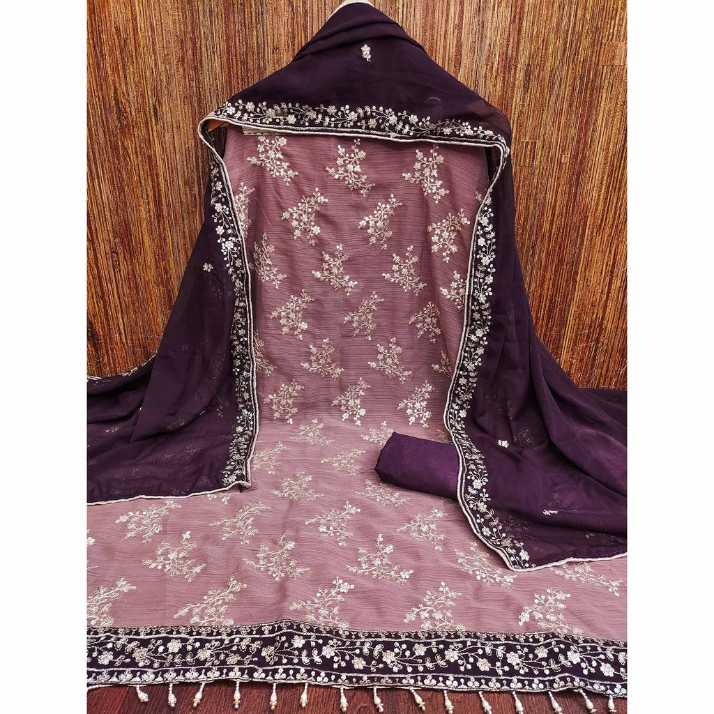 Light Mauve Floral Sequins Embroidered Zomoto Art Silk Dress Material