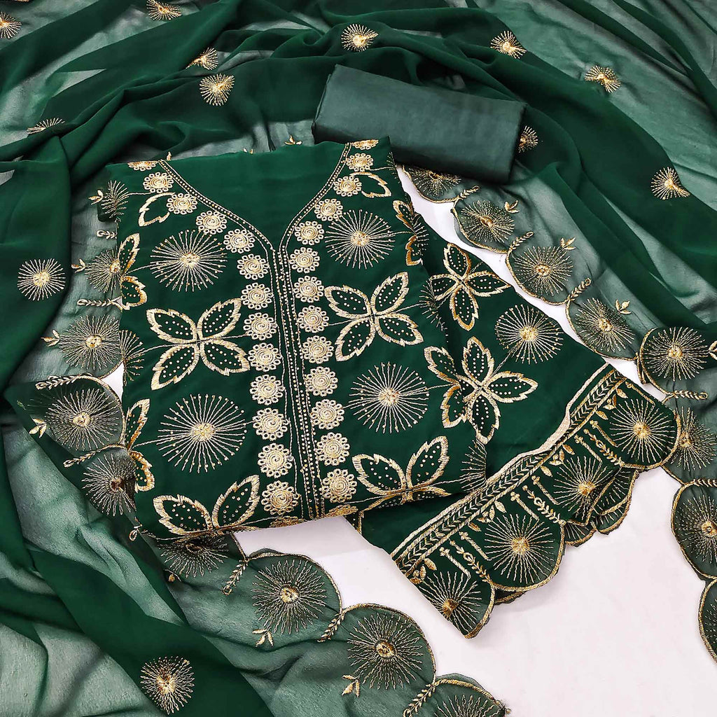 Green Georgette Dress Material Featuring Delicate Floral Zari Embroidery
