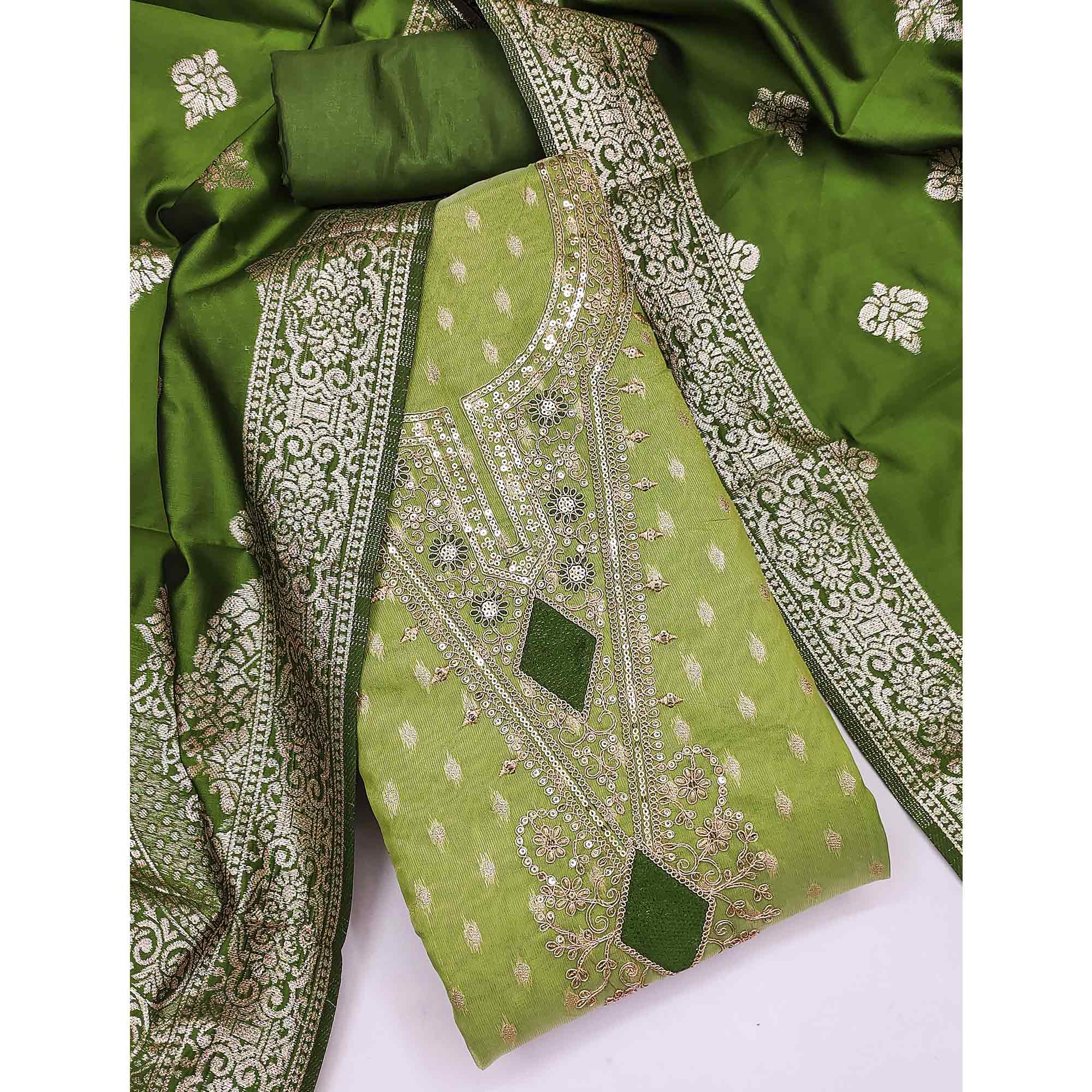 Green Woven Banarasi Silk Dress Material With Intricate Cording & Sequin Embellishments