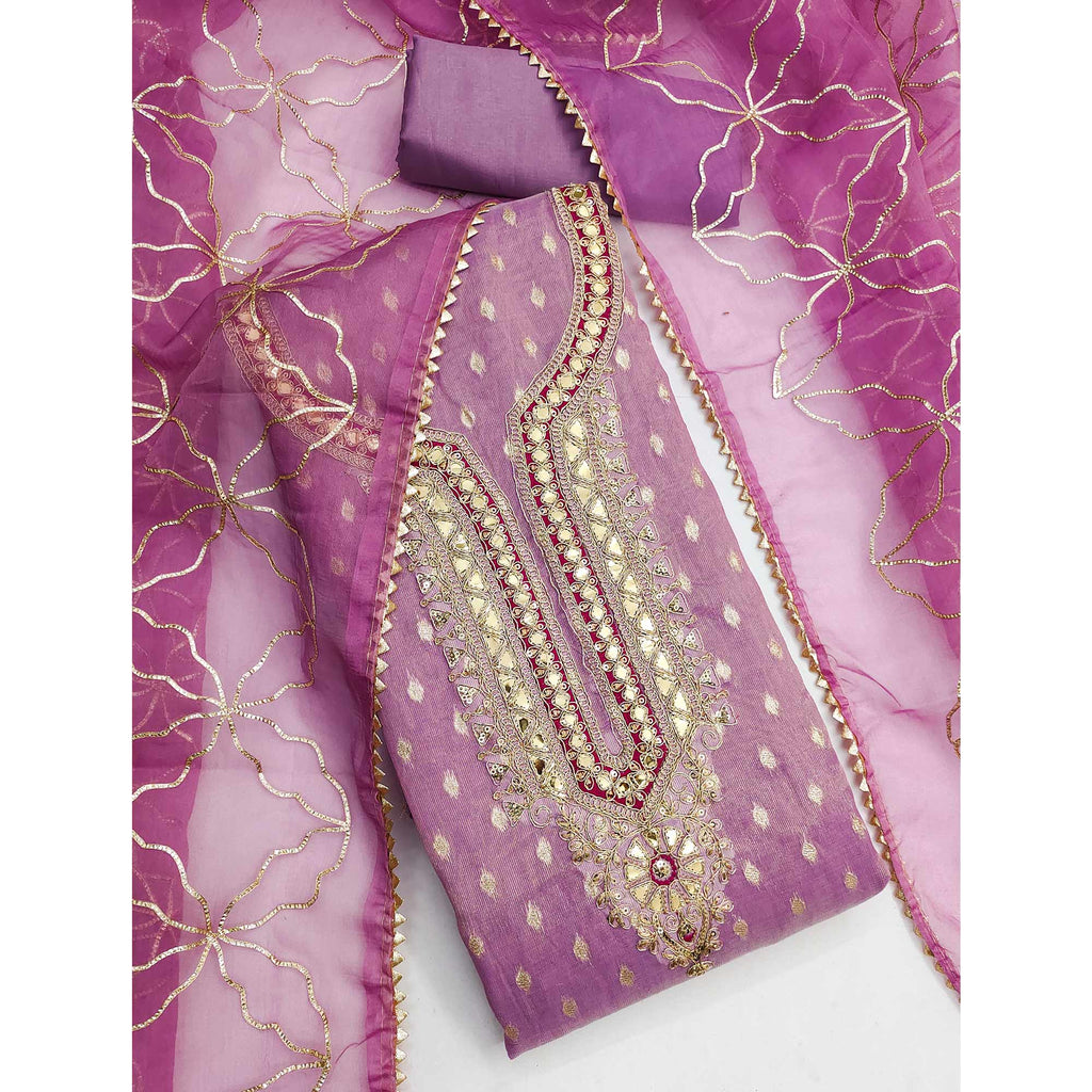 Lavender Woven Shimmer Silk Dress Material Adorned With Sequins & Gota Patti Work