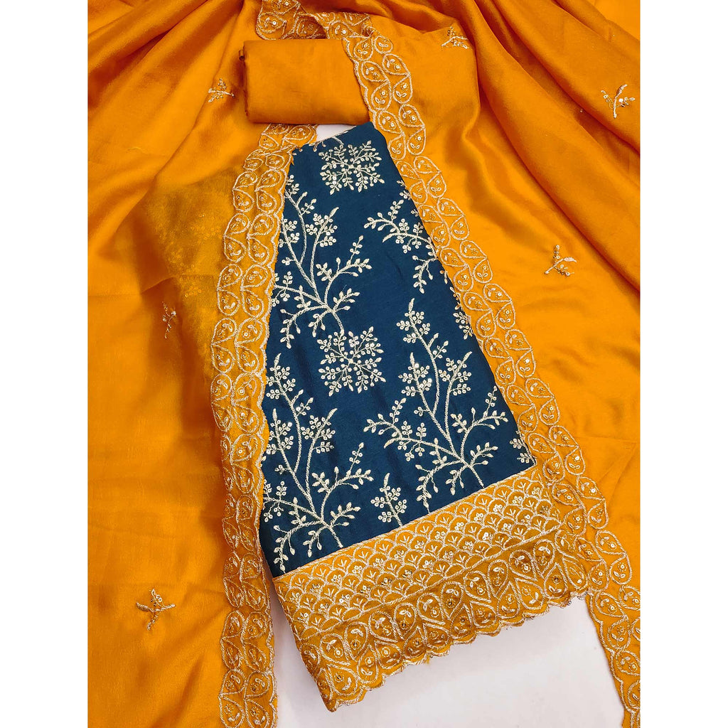 Blue Vichitra Silk Dress Material With Exquisite Sequins & Zari Embroidery