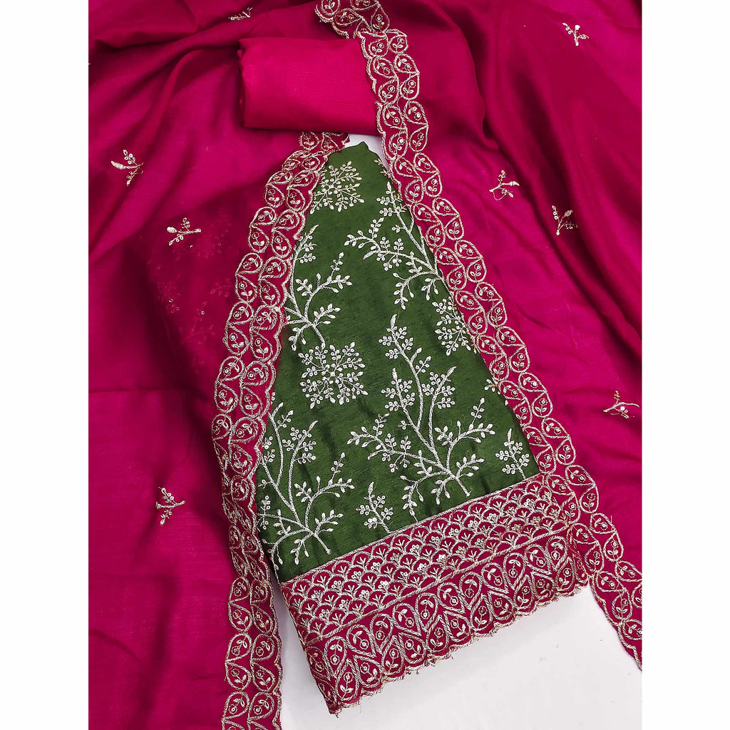 Mehendi Green Vichitra Silk Dress Material With Exquisite Sequins & Zari Embroidery