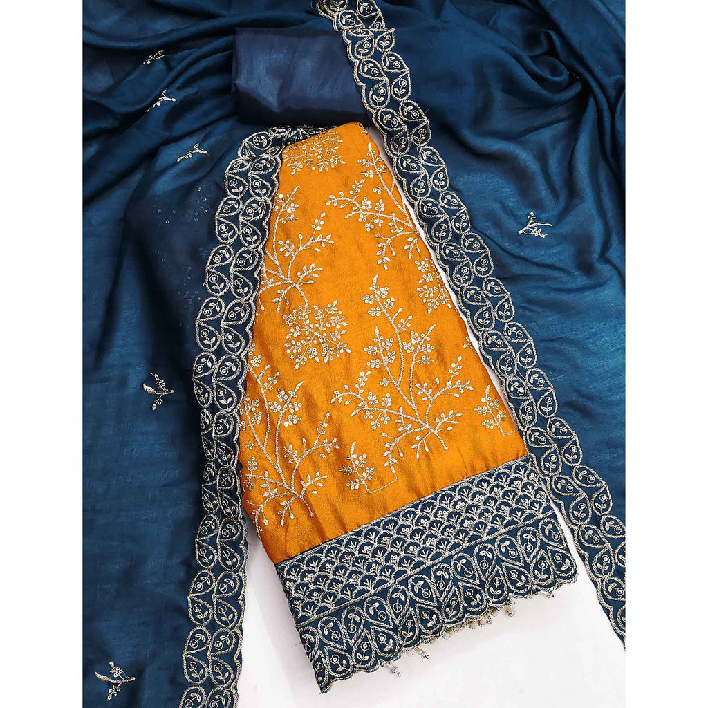 Mustard Vichitra Silk Dress Material With Exquisite Sequins & Zari Embroidery