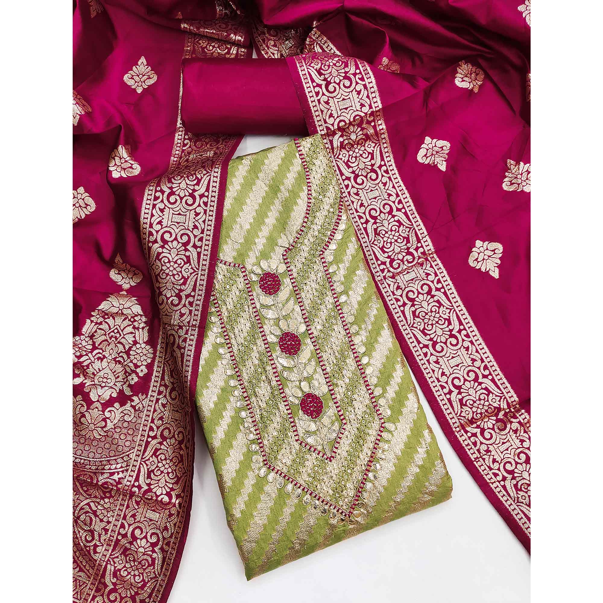 Green Woven With Sequins Embroidery & Gota Patti Work Banarasi Silk Dress Material