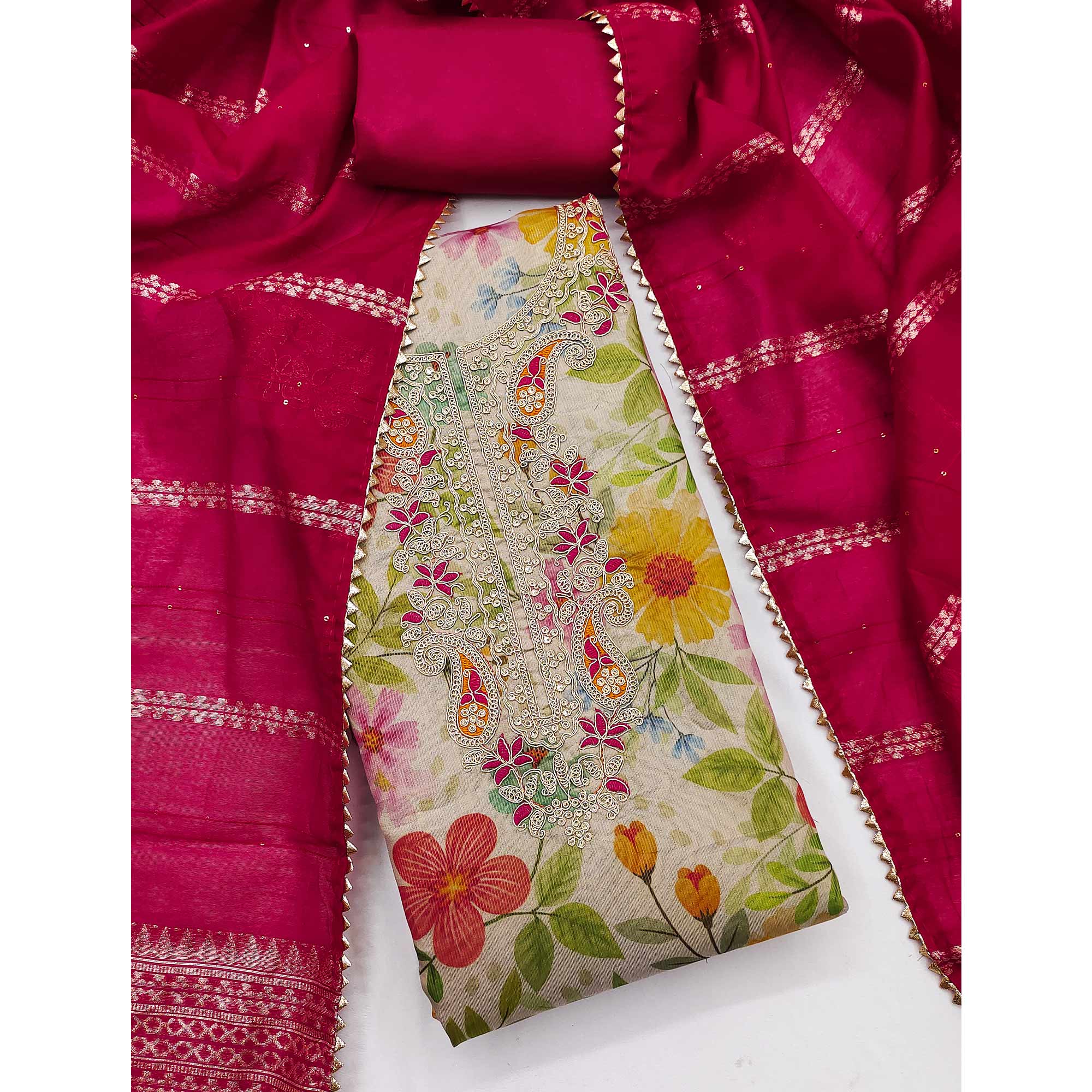 Chikoo Shimmer Silk Dress Material With Floral Digital Print & Sequins Embroidery