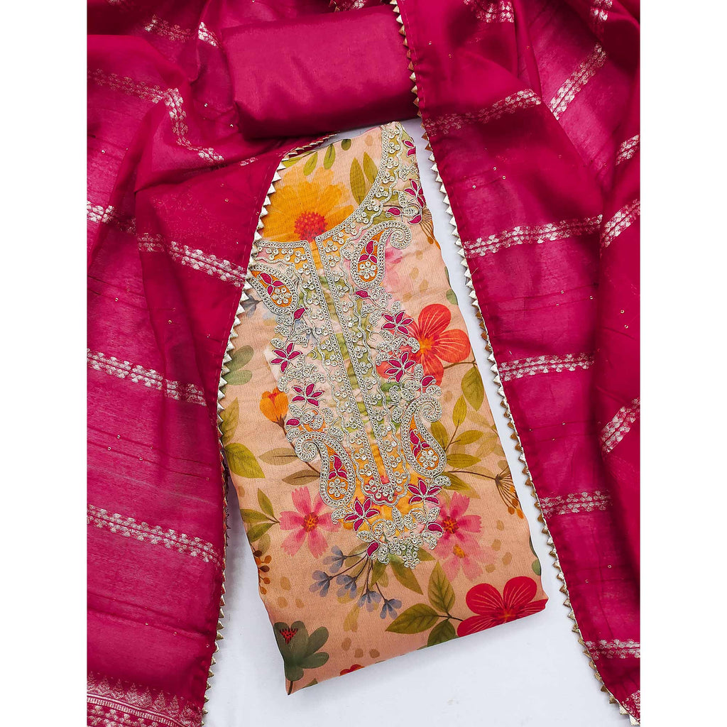 Light Orange Shimmer Silk Dress Material With Floral Digital Print & Sequins Embroidery