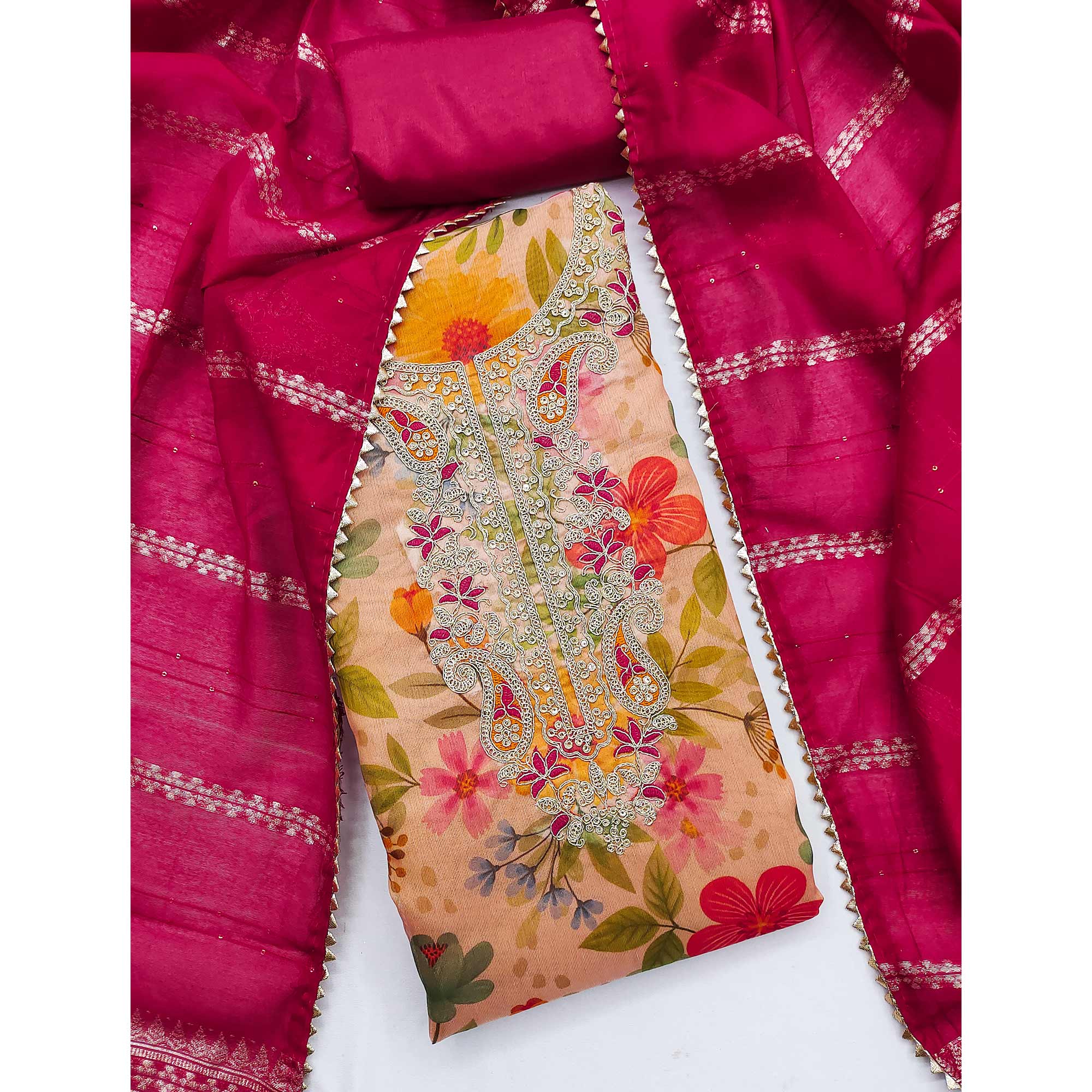 Light Orange Shimmer Silk Dress Material With Floral Digital Print & Sequins Embroidery