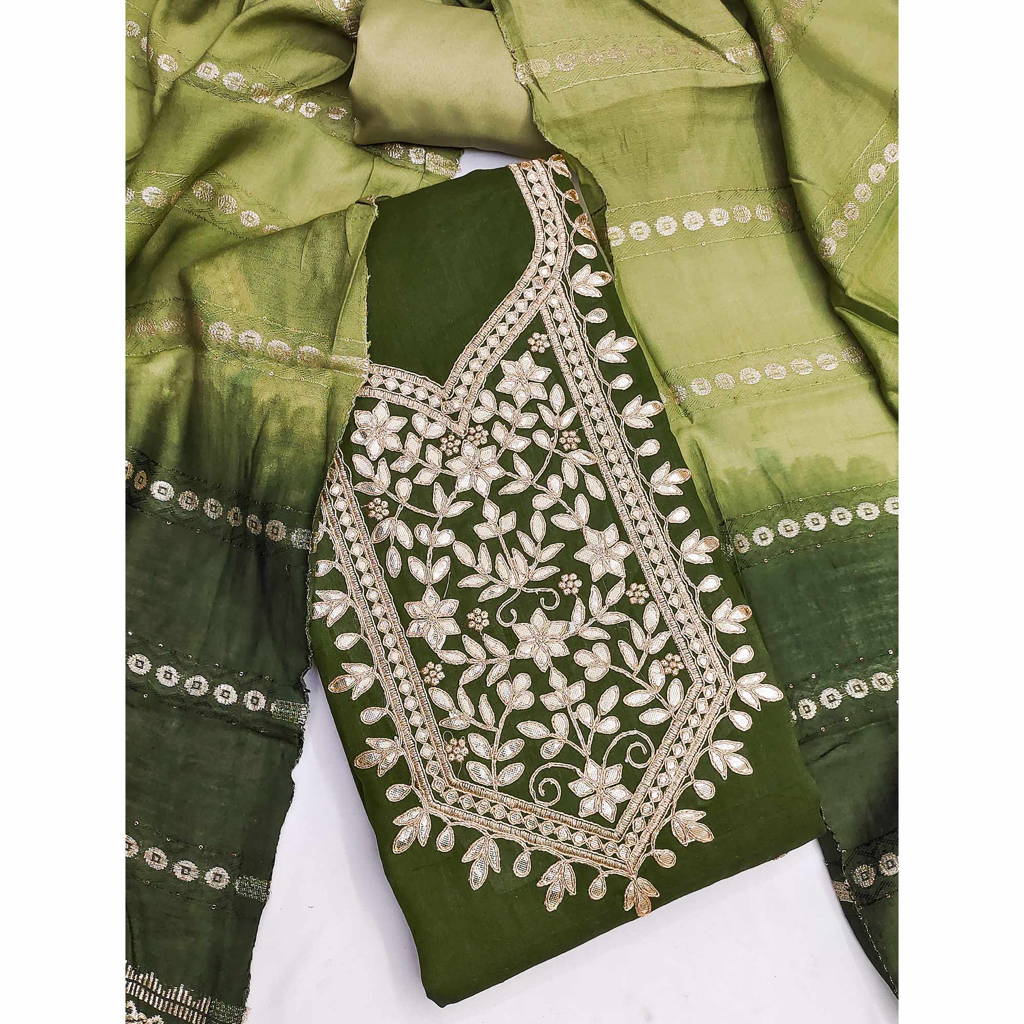 Mehendi Green Vichitra Silk Dress Material With Exquisite Floral Embroidery & Gota Patti Accents