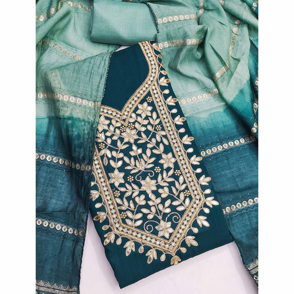 Morpich Blue Vichitra Silk Dress Material With Exquisite Floral Embroidery & Gota Patti Accents