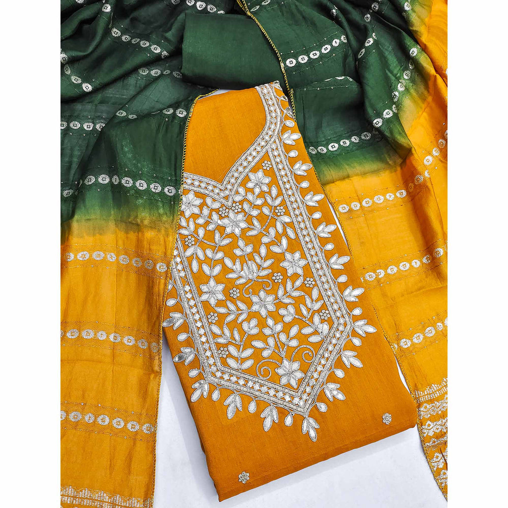 Mustard Vichitra Silk Dress Material With Exquisite Floral Embroidery & Gota Patti Accents