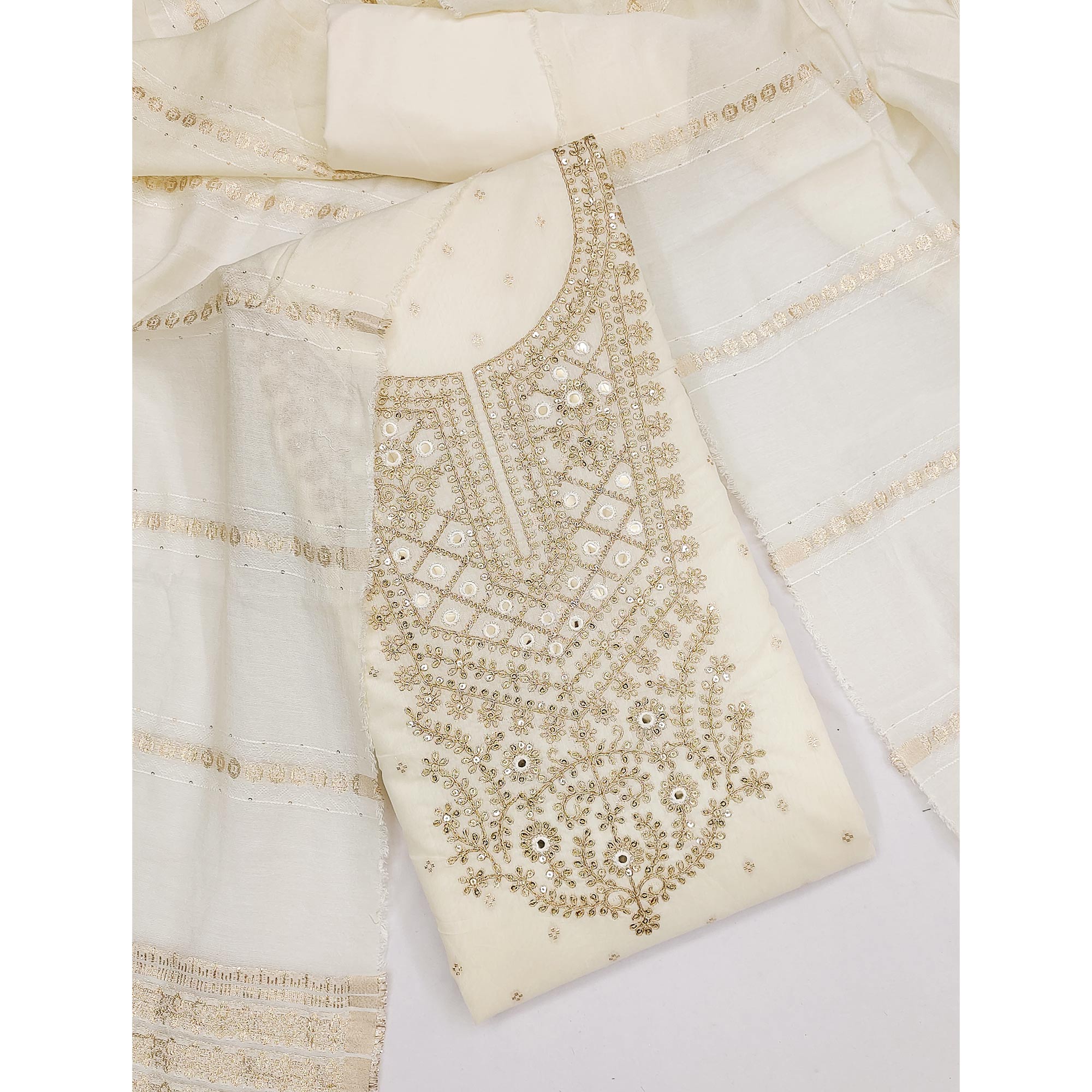 Offwhite Chanderi Silk Dress Material With Intricate Floral Sequins Embroidery & Butti Work