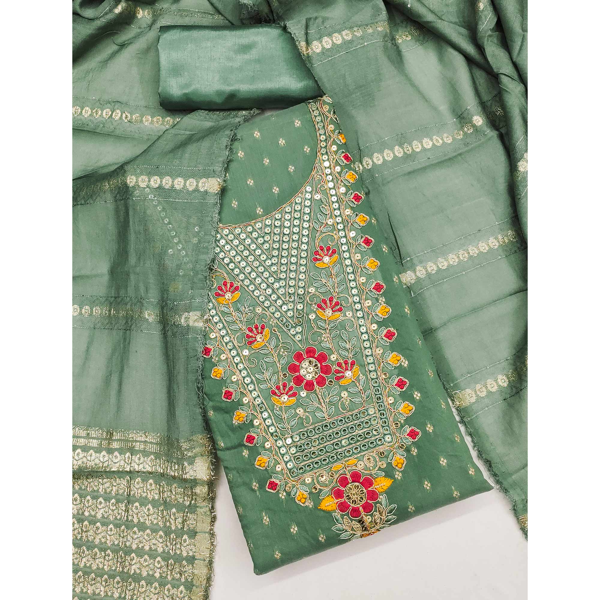 Green Chanderi Silk Dress Material With Delicate Floral Sequins Embroidery & Butti Work