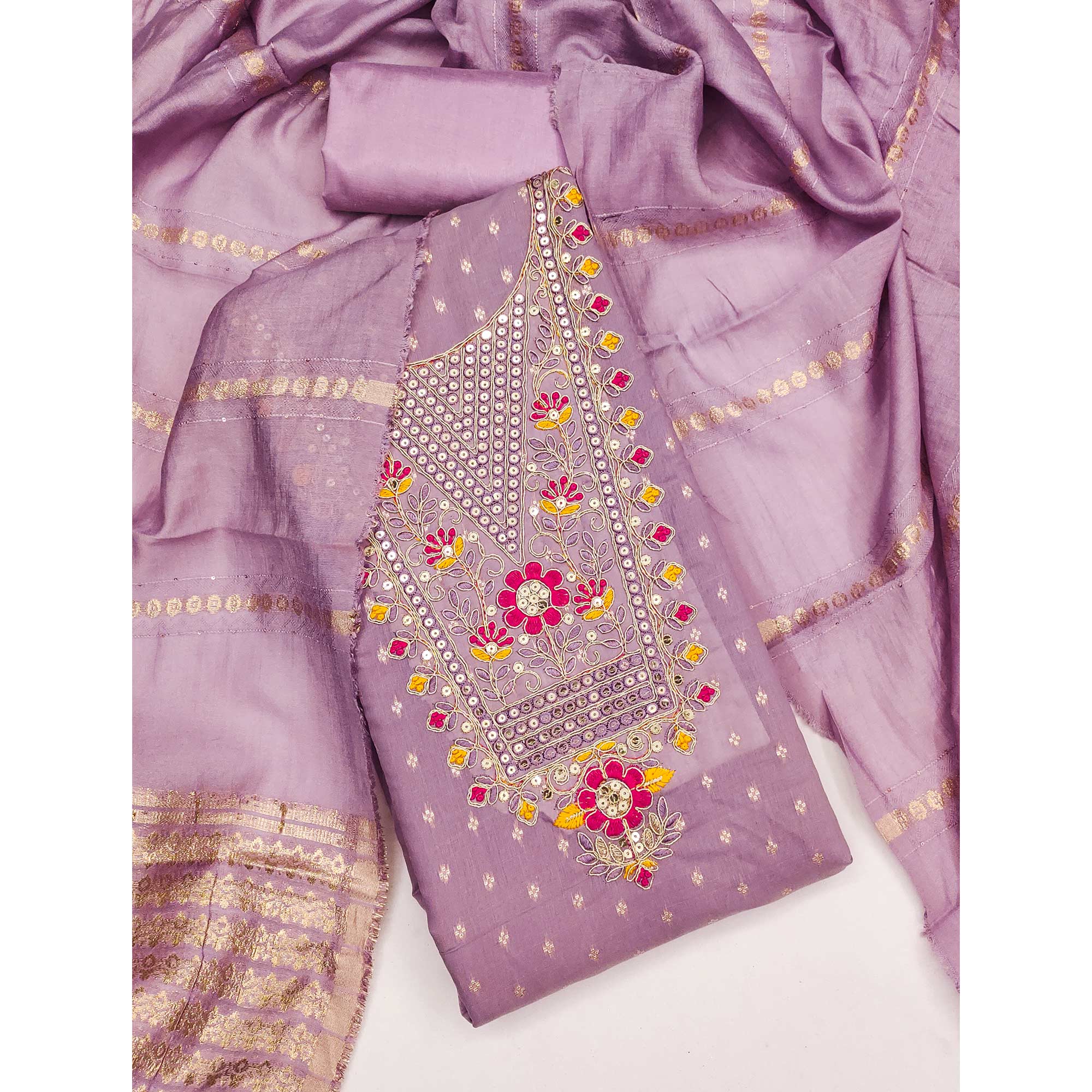 Lavender Chanderi Silk Dress Material With Delicate Floral Sequins Embroidery & Butti Work