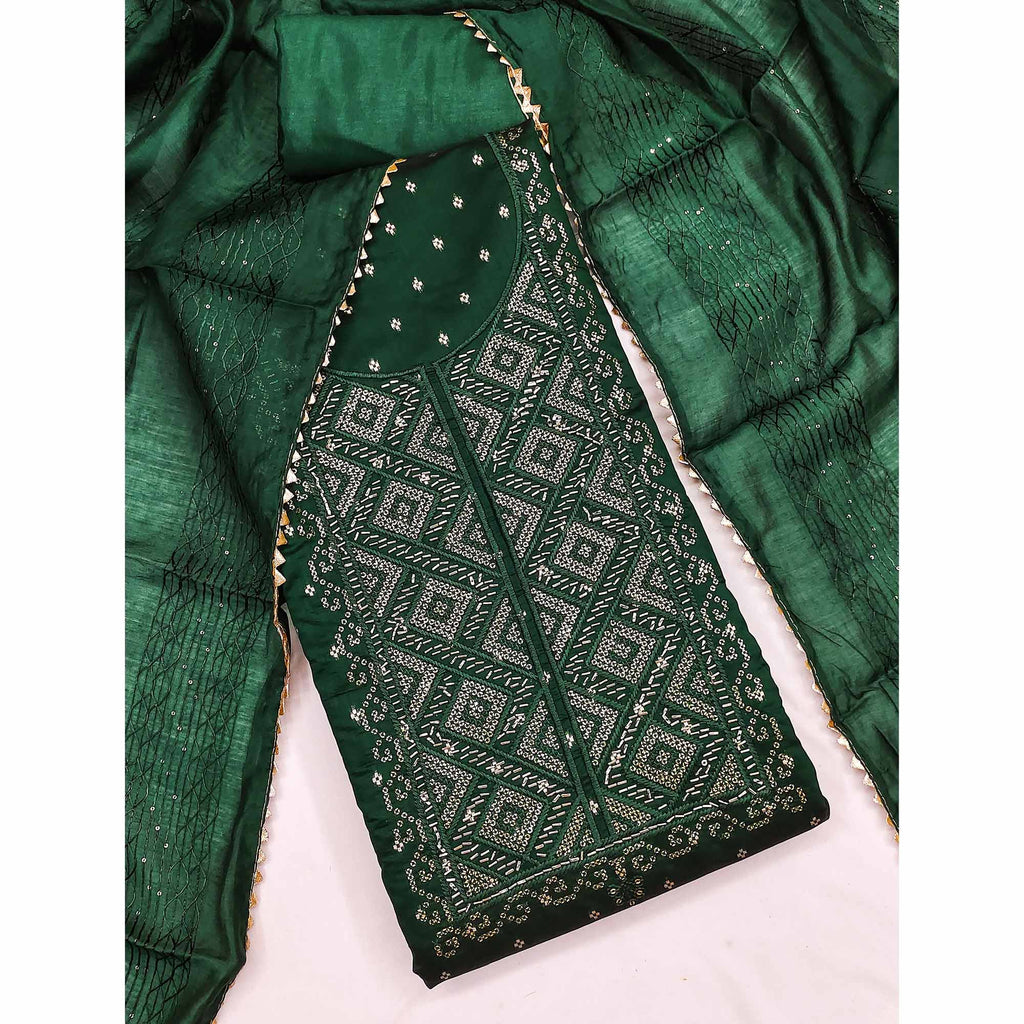 Bottle Green Shimmer Dress Material Featuring Zari Weaving & Beads Work