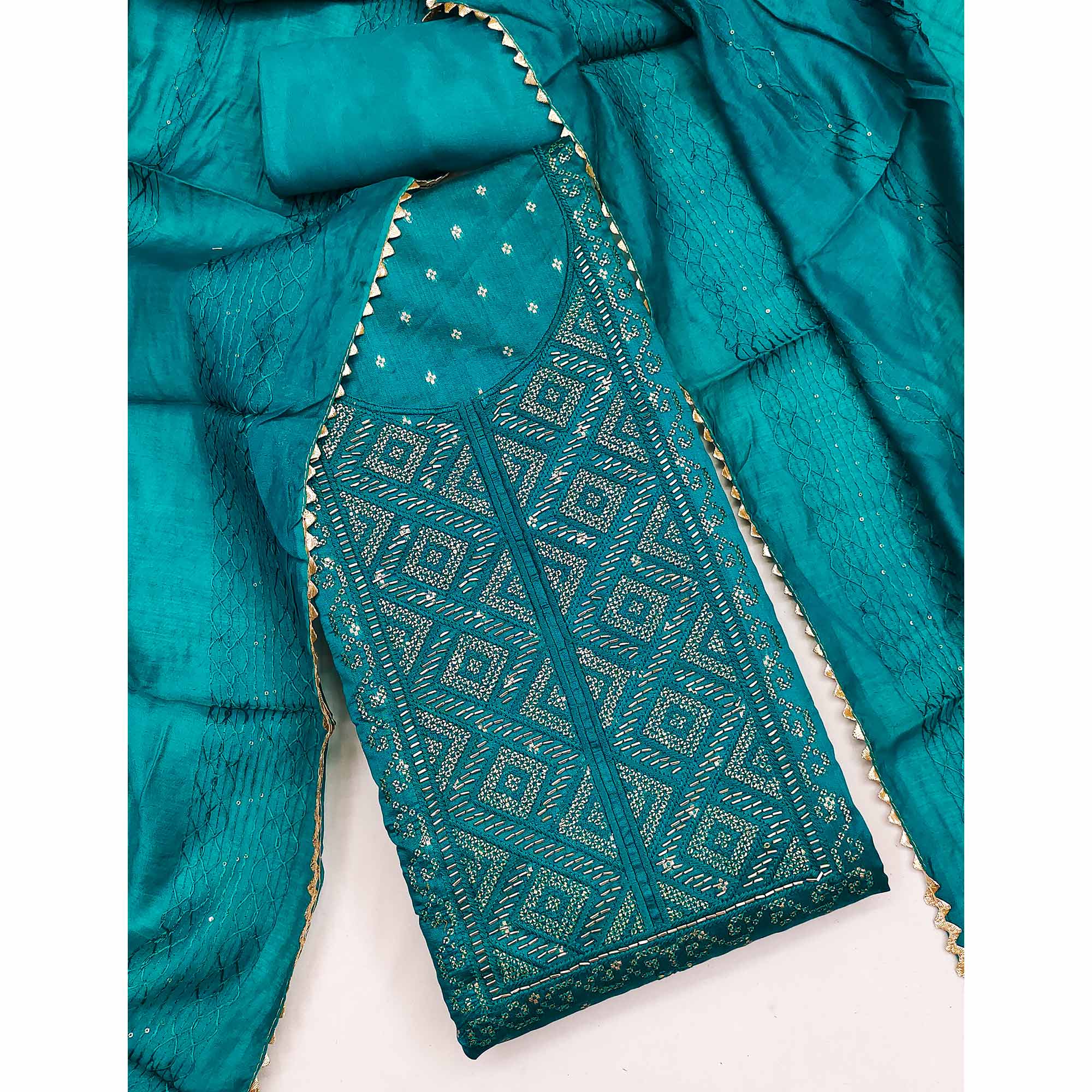 Dark Teal Shimmer Dress Material Featuring Zari Weaving & Beads Work